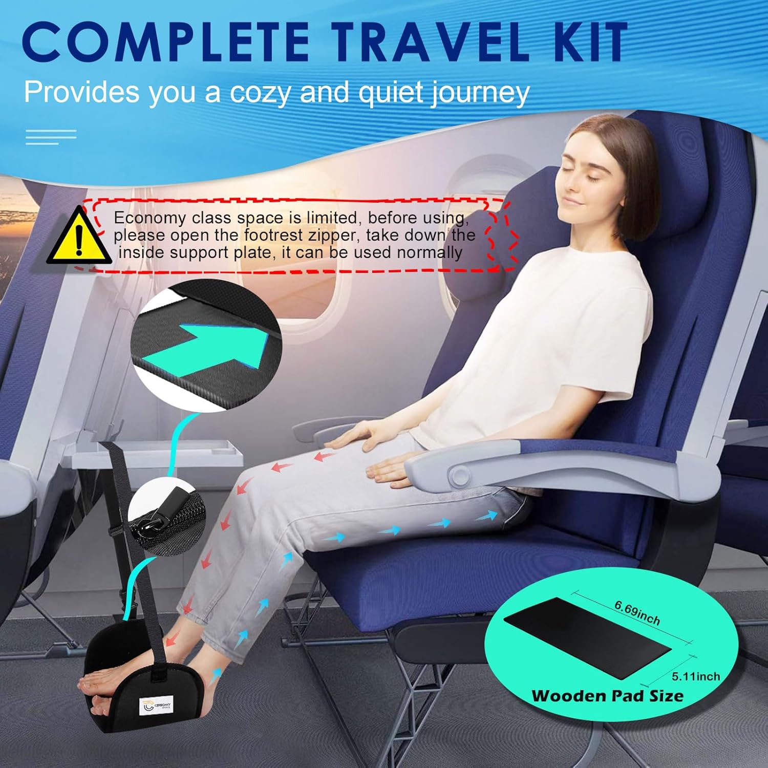CERBONNY Airplane Foot Rest - Portable and Adjustable Foot Hammock, Travel Flight Essential for Relaxing Your Feet During Journeys - Office Footrests (Black) - Image 3