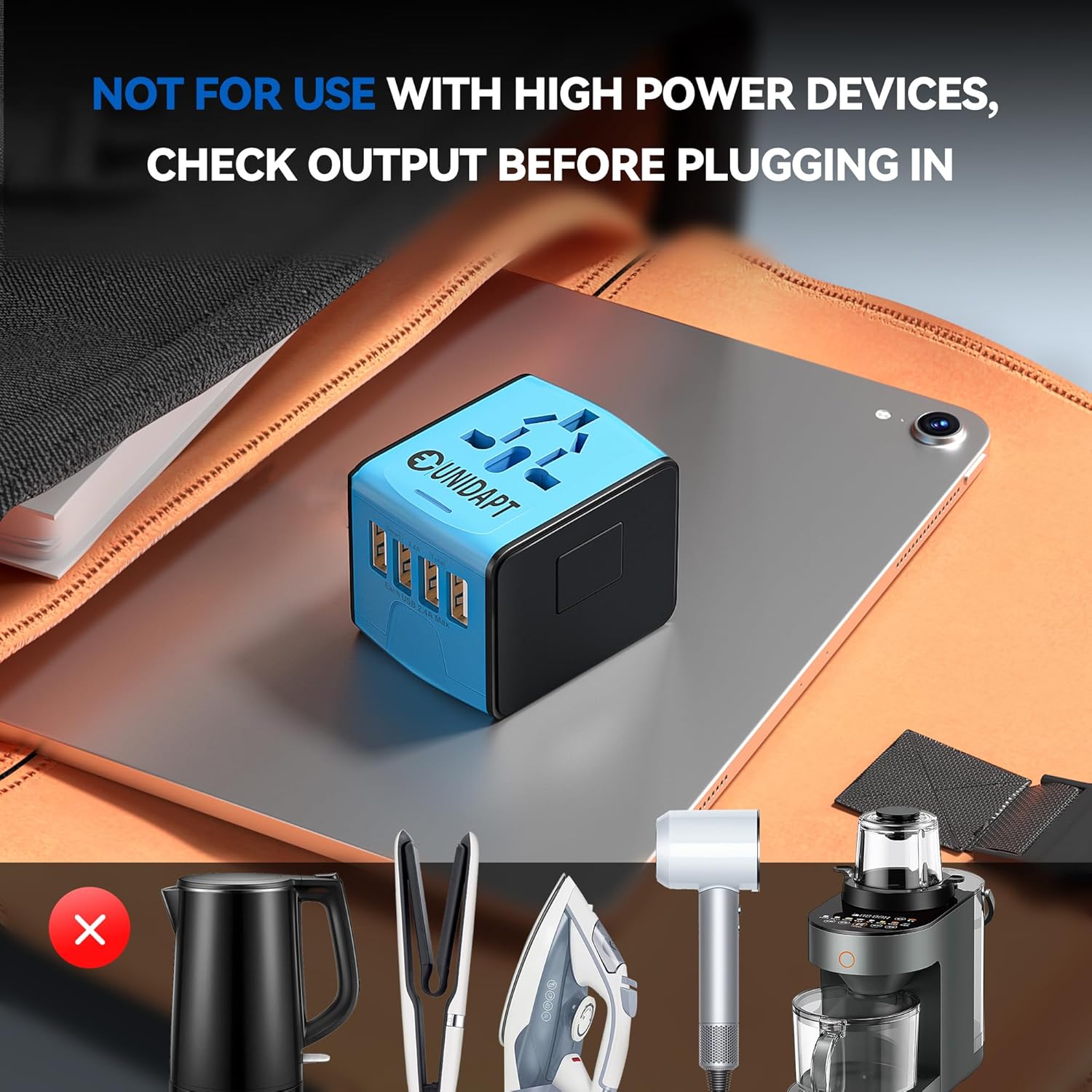 Unidapt Universal Travel Adapter, International Plug Adapter Fast 2,4A 4-USB European Power Plug, AC Wall Charger - Worldwide Outlet for Europe US USA UK EU AUS, Blue - Image 8