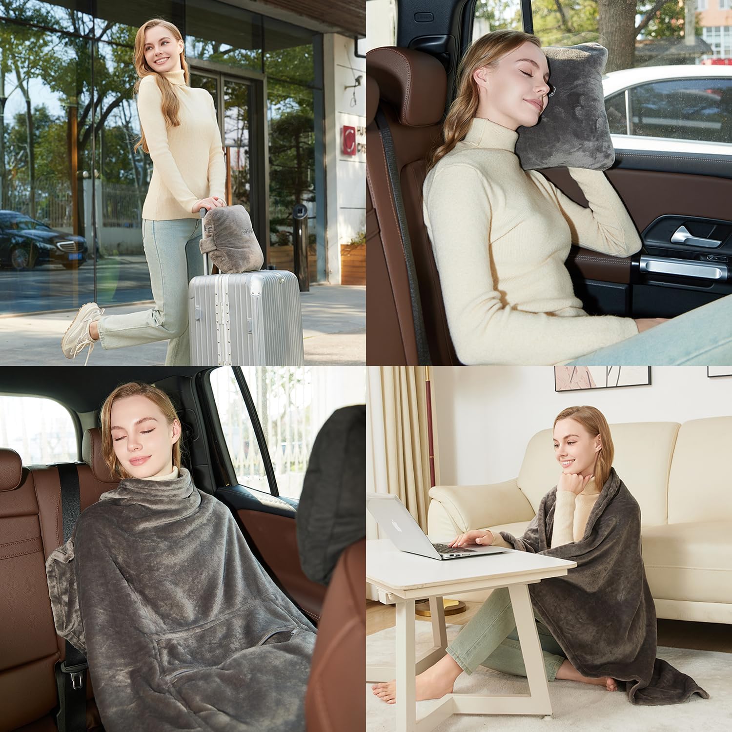 Travel Blanket Pillow, Premium 2 in 1 Flannel Airplane Blanket Compact for Travel,Office, Home,Travel Essentials Accessories for Plane and Car,Compact Office Blanket (Gray) - Image 7
