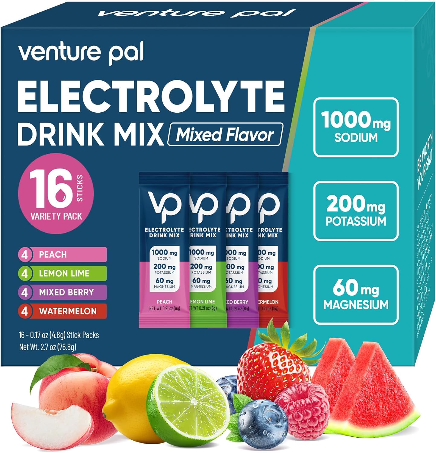 Venture Pal High Sodium Sugar-Free Electrolyte Powder Packets - Hydration Packets with Sodium, Potassium & Magnesium | Zero Calories | Vegan, Keto, and Paleo Friendly | 16 Sticks - Image 2