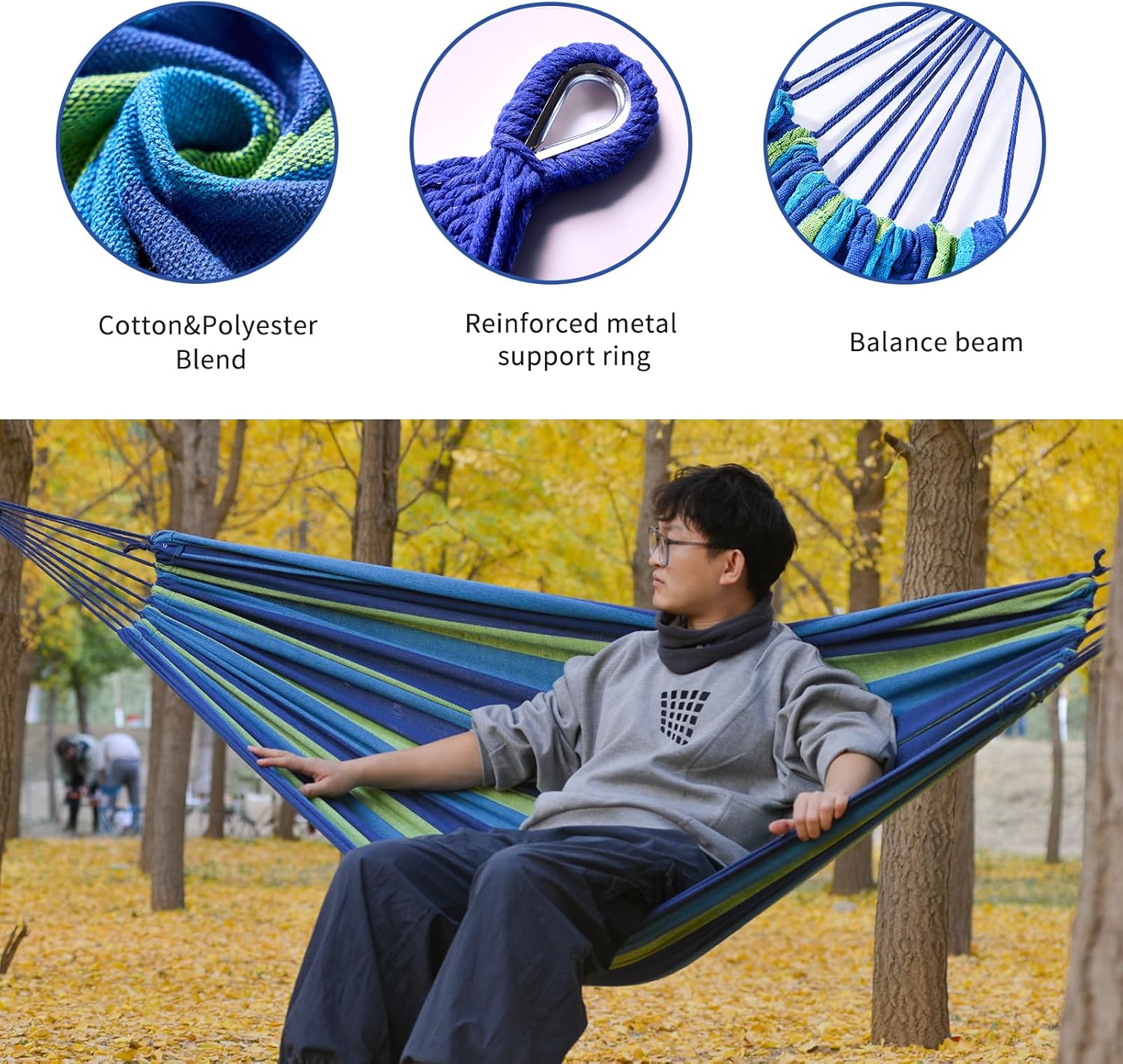 Camping Hammock Comfortable Fabric Hammocks with Tree Straps for Travel Patio Garden, Hanging Sturdy Indoor/Outdoor Hammock Up to 660lbs Portable Hammocks with Travel Bag - Image 4