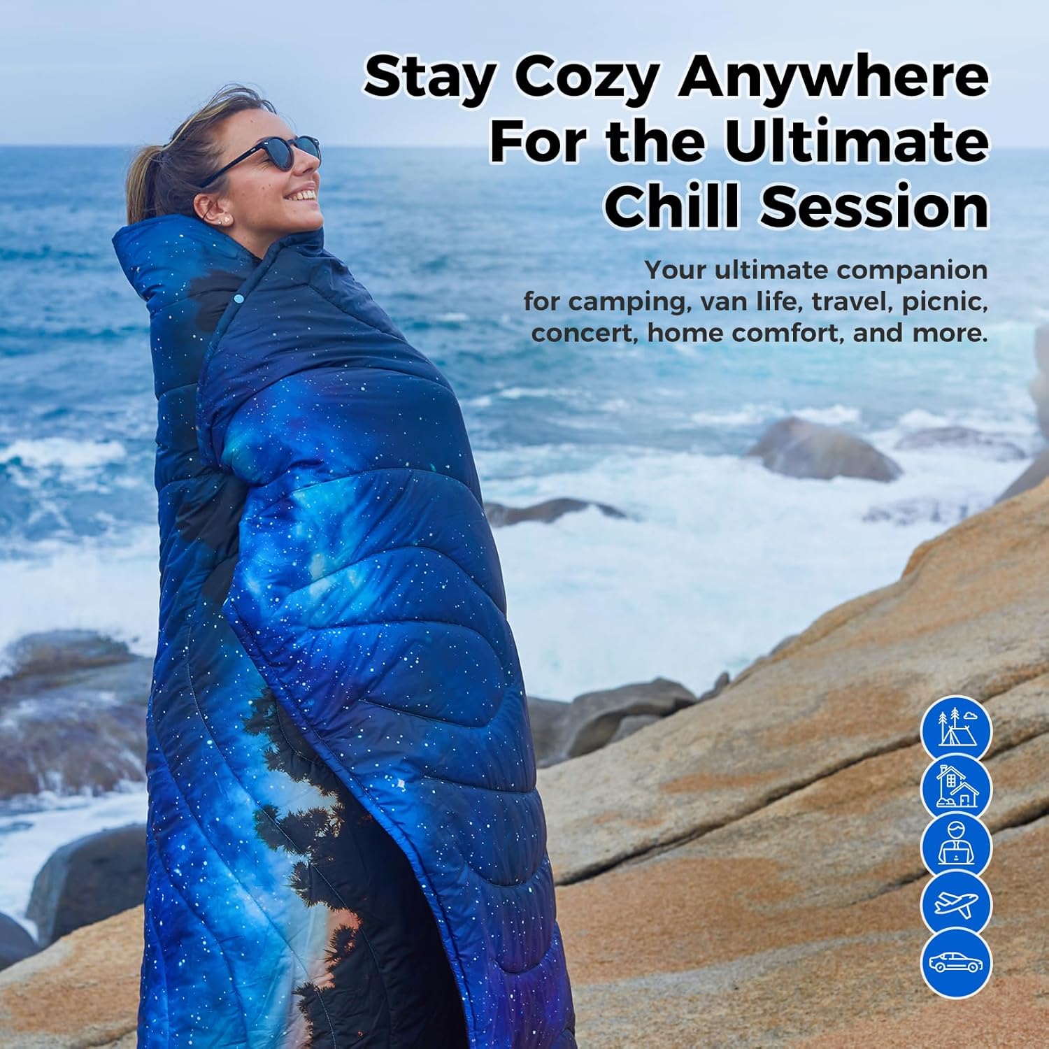 KingCamp Ultralight Camping Blanket, Packable Down Alternative Puffy Printed Wearable Blanket with Snap Buttons & Corner Loops Weatherproof Quilt for Outdoor Travel Stadium (79"L x 57"W, STARRYSKY) - Image 3