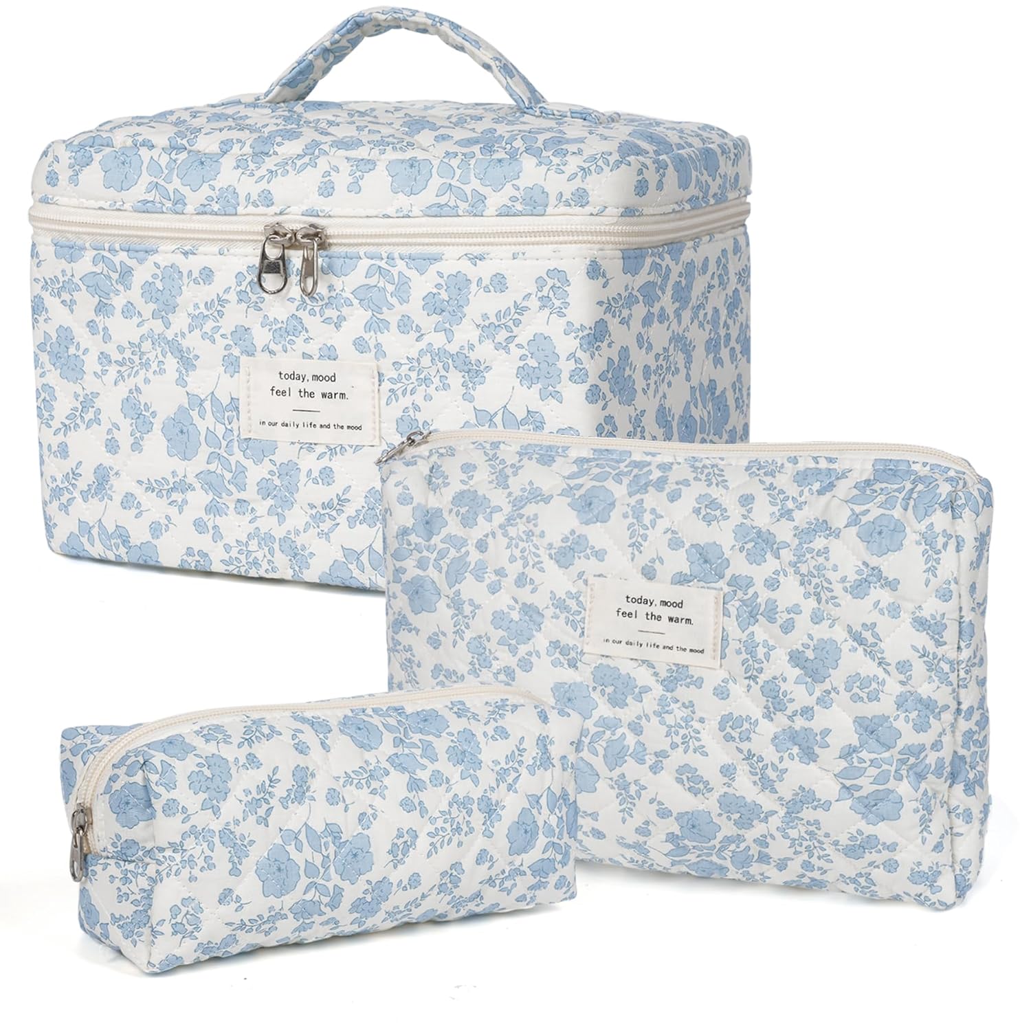 Makeup Bag,Quilted Cosmetic Bag,Large Floral Make Up Bag for Women,Cotton Makeup Bag Set,Flower Travel Toiletry Bag - Image 2