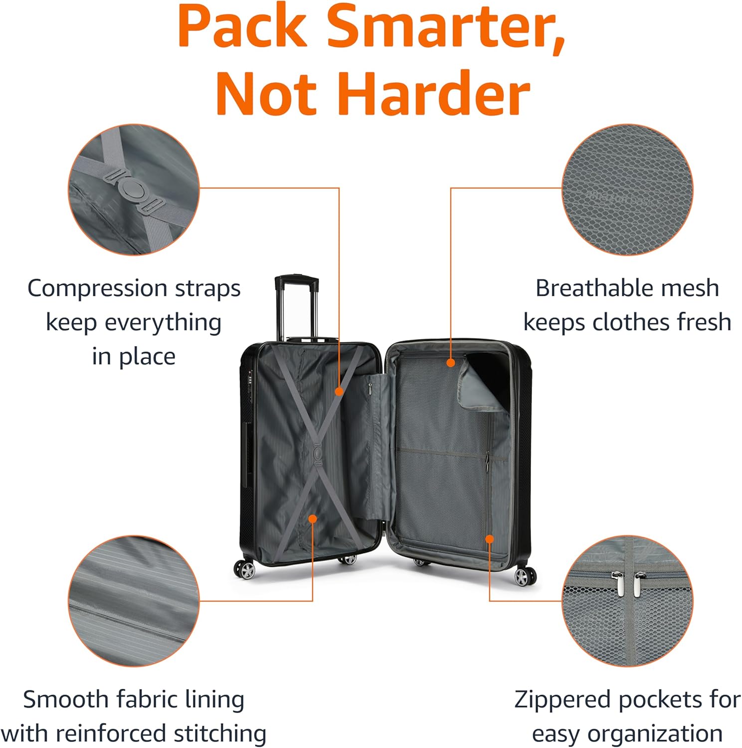 Amazon Basics 30-Inch Hardside Checked Luggage With TSA Lock, Hardshell Suitcase With Wheels, Expandable For Up to 12.5% More Space, With Scratch-Resistant Surface, 8 Multi-directional Wheels, Black - Image 4
