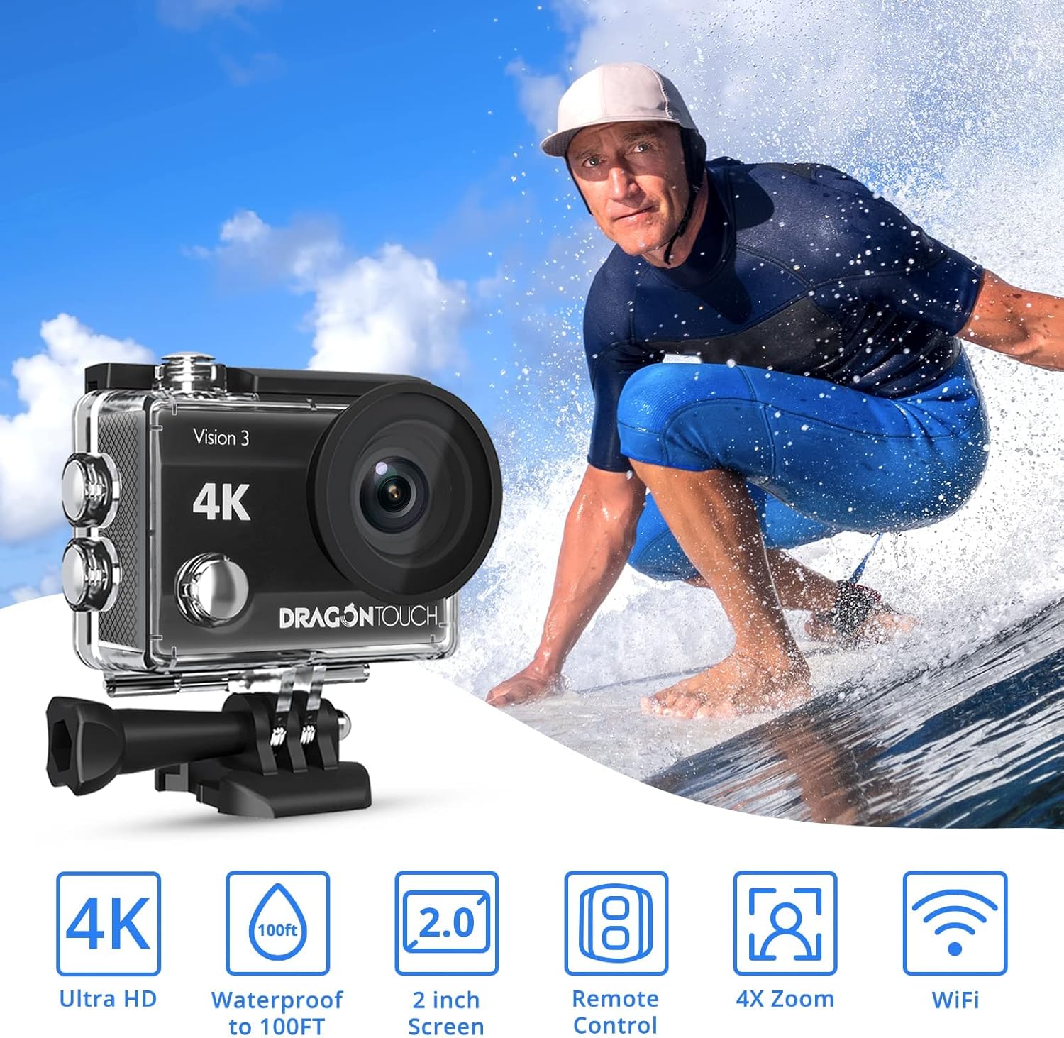 Dragon Touch Action Camera Vision 3 4K 20MP Underwater Waterproof Camera with Remote 170° Wide Angle WiFi Sports Cam with Mounting Accessories Kit - Image 3