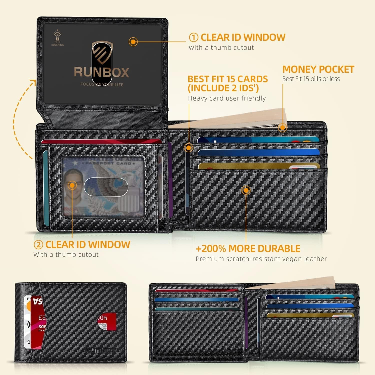 RUNBOX Wallet for Men Slim Rfid Leather 2 ID Window With Gift Box - Image 3