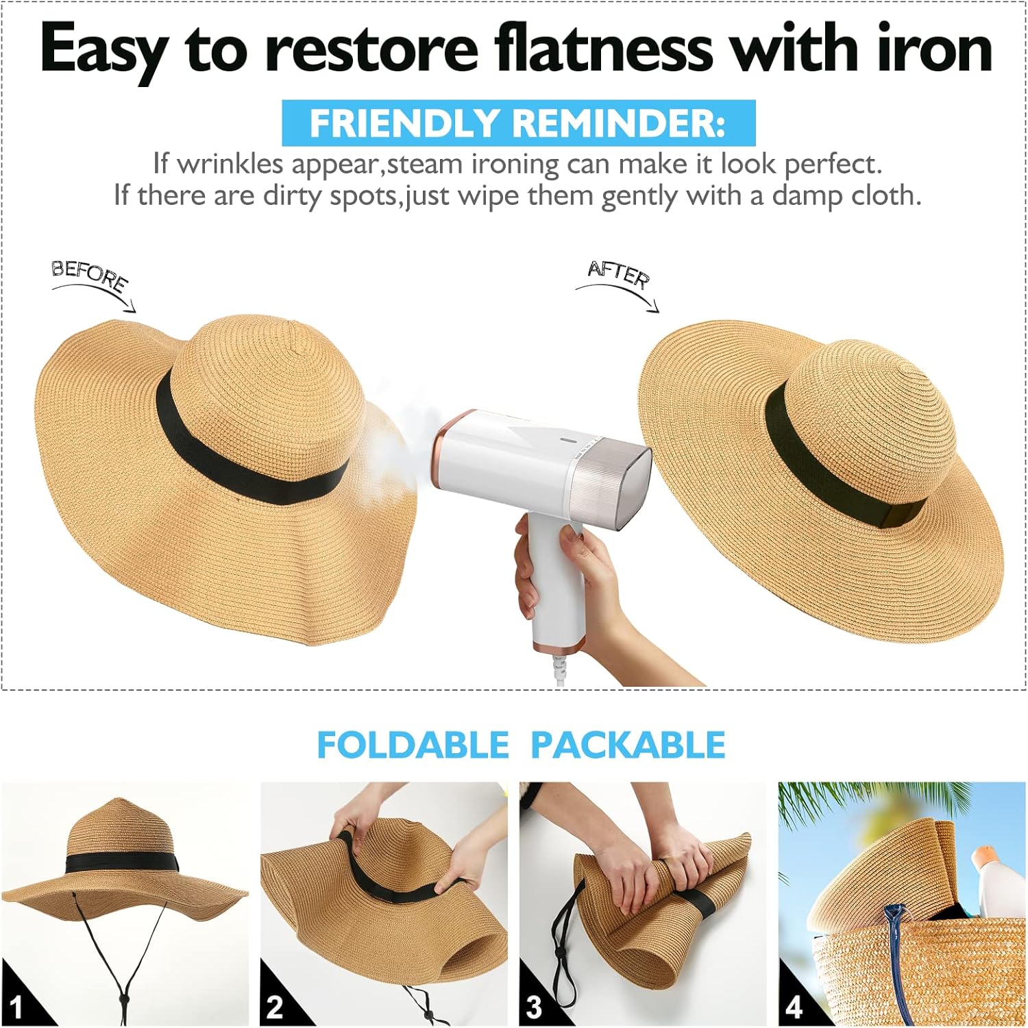 Beach Hats for Women, Foldable Sun Hat Womens UV Protection, Boho Wide Brim Hats for Women, Floppy Straw Visor Hat - Image 6