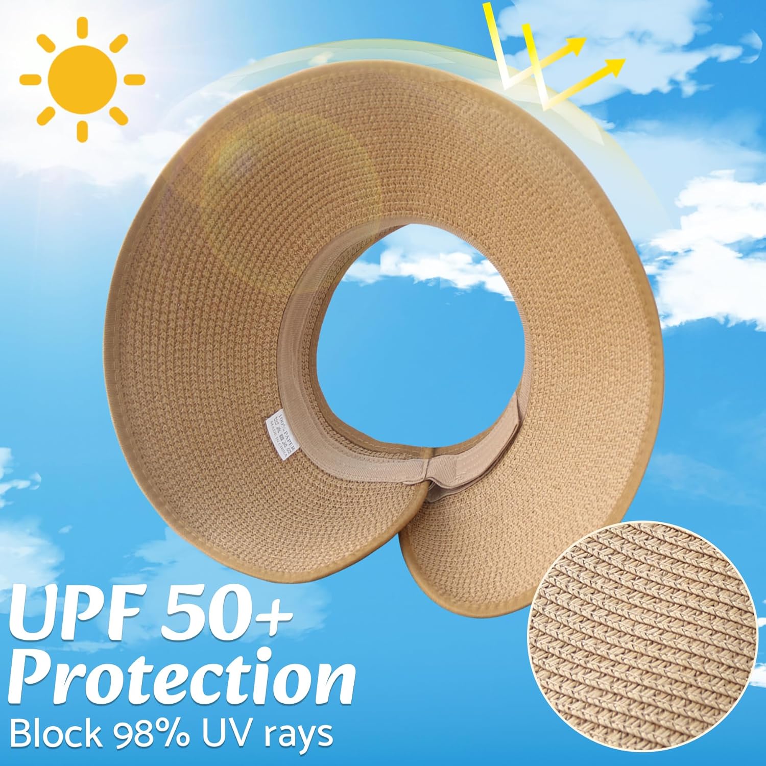 NPQQUAN Sun Visor Hats for Women Wide Brim Ponytail Straw Beach Hat Packable Foldable UPF 50+ Floppy Travel Hats - Image 3