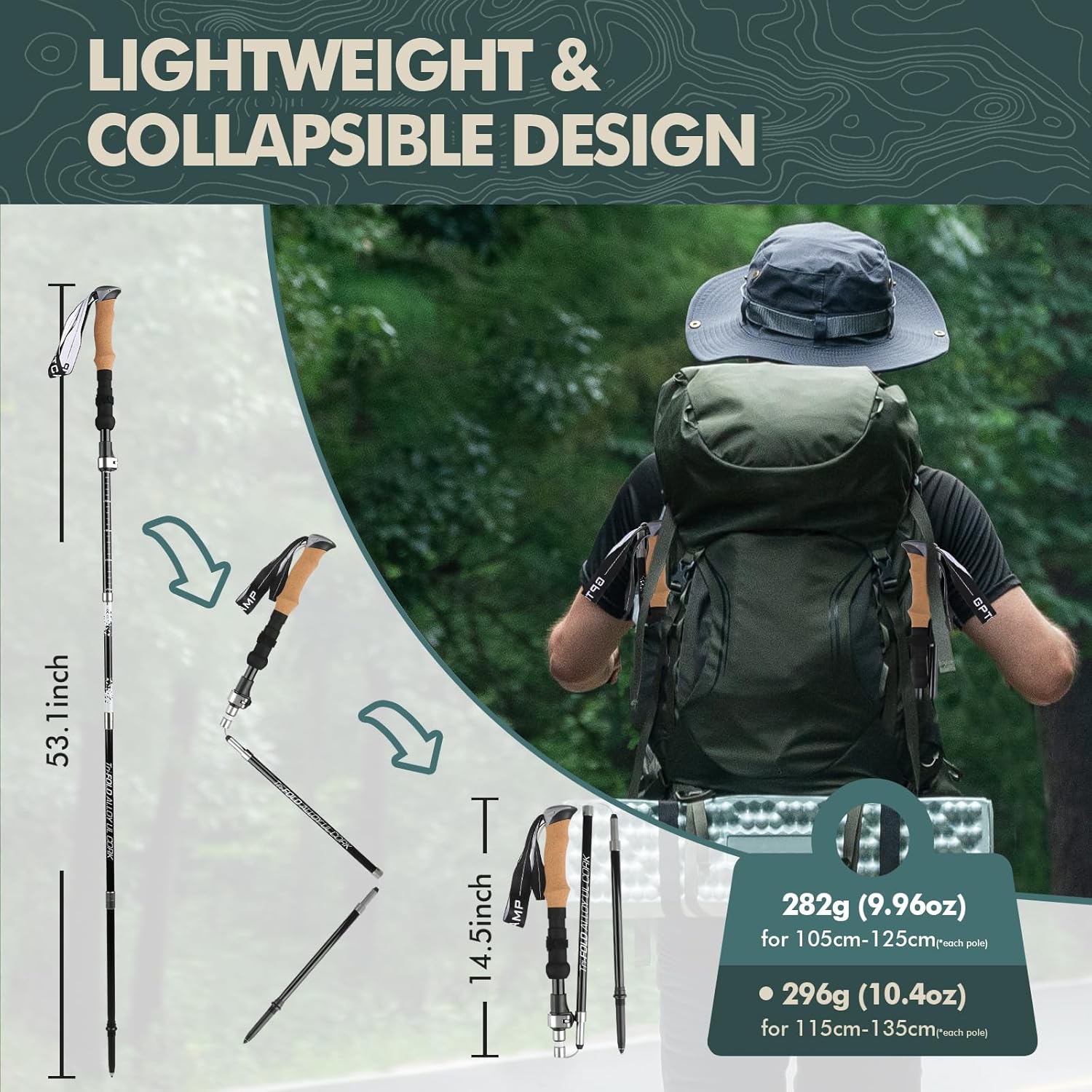 GPTCAMP Nordic Walking Stick, TPZ-1, 2pc Folding Collapsible Hiking Poles with Metal Quick Lock, Cork Handle, Lightweight 7075 Aluminum Trekking Poles for Seniors Women Men Hiking Gear - Image 5