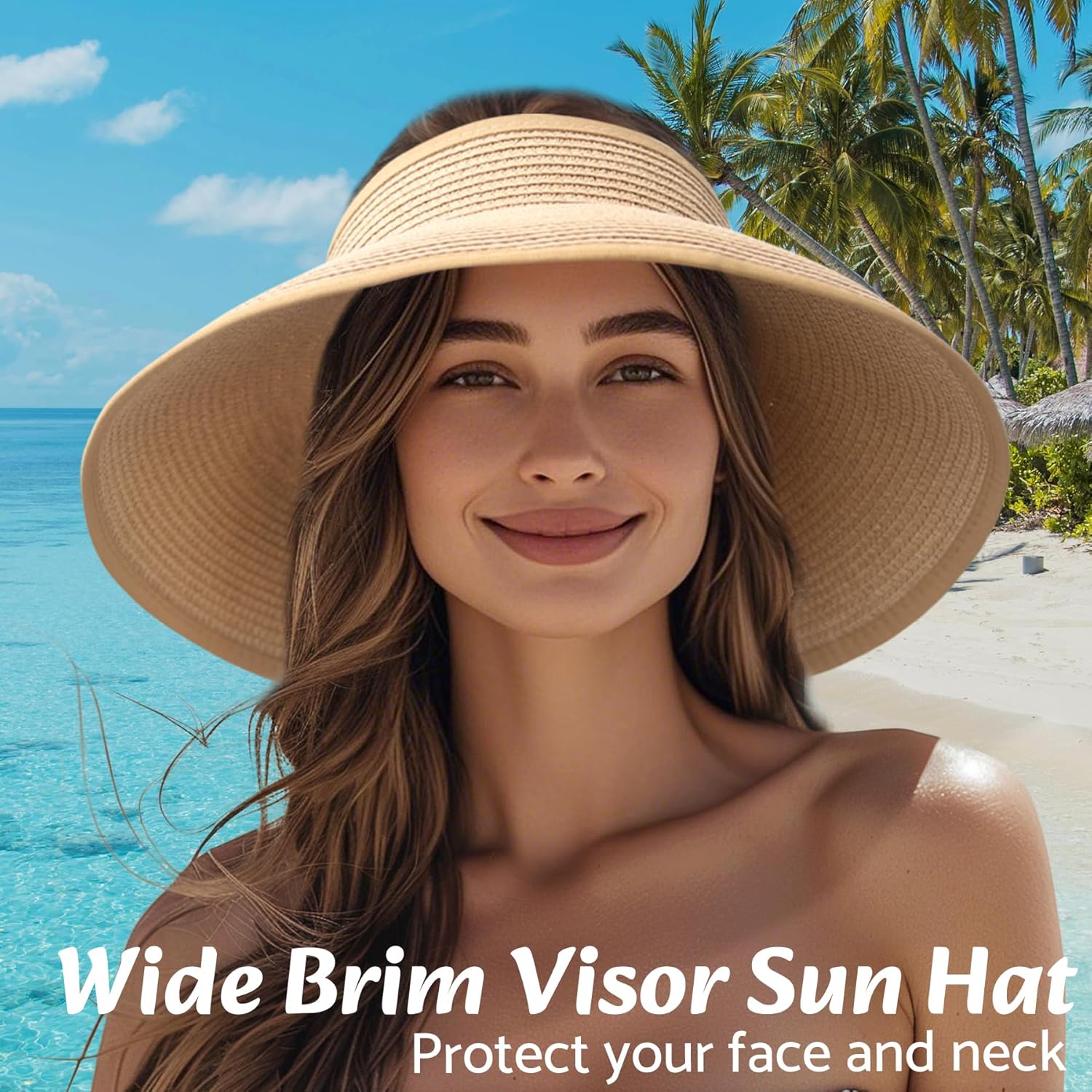 NPQQUAN Sun Visor Hats for Women Wide Brim Ponytail Straw Beach Hat Packable Foldable UPF 50+ Floppy Travel Hats - Image 5