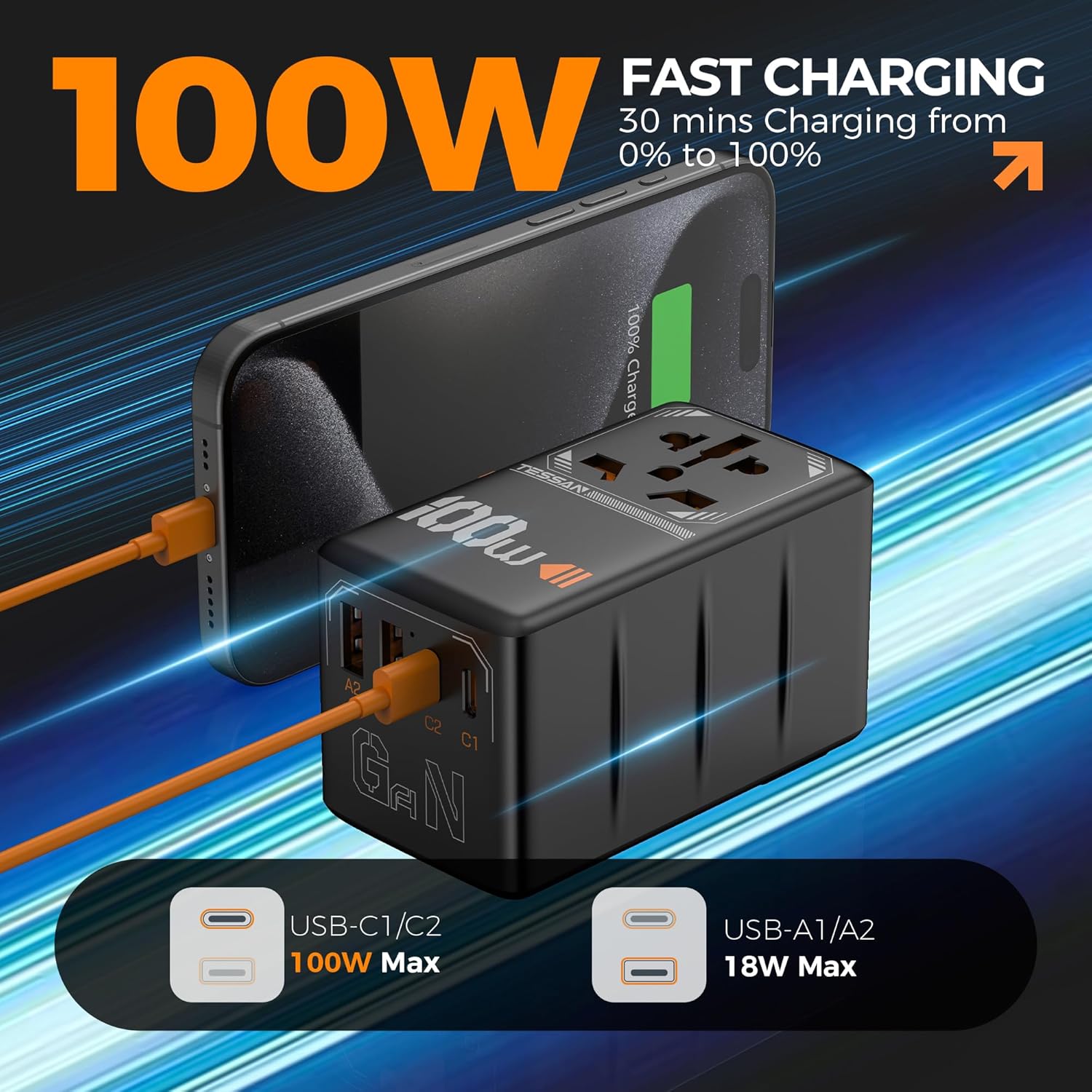 TESSAN Universal Travel Adapter, 100W GaN International Power Adaptor with 4 USB Ports (2 USB C), Worldwide Plug Adapter for US to EU Europe UK AUS France Italy Spain Ireland(Type C G A I), Black - Image 5