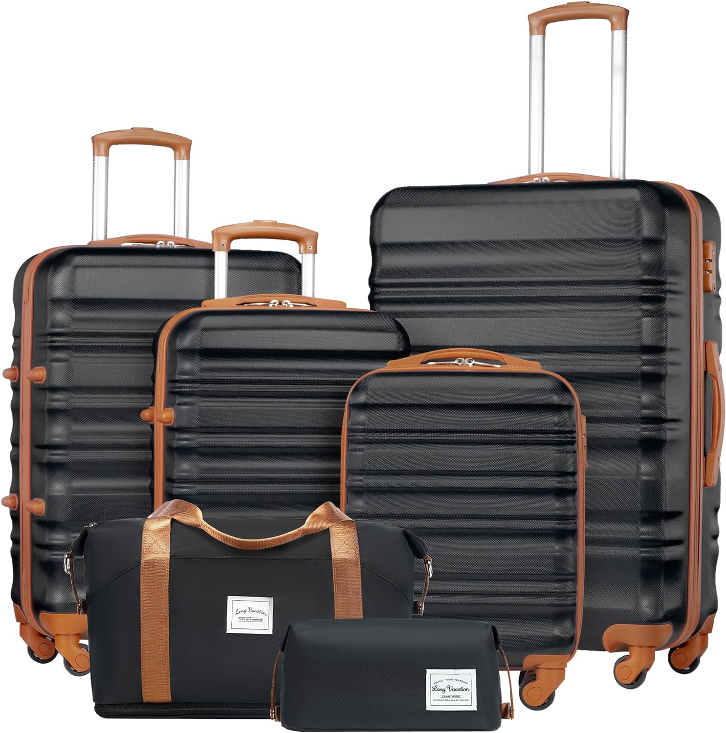 LONG VACATION 6 Piece Luggage Set Carry on Suitcase with ABS+PC hardshell, Spinner Wheels & YKK Zipper TSA Lock (BLACK-BROWN, 6 piece set) - Image 2