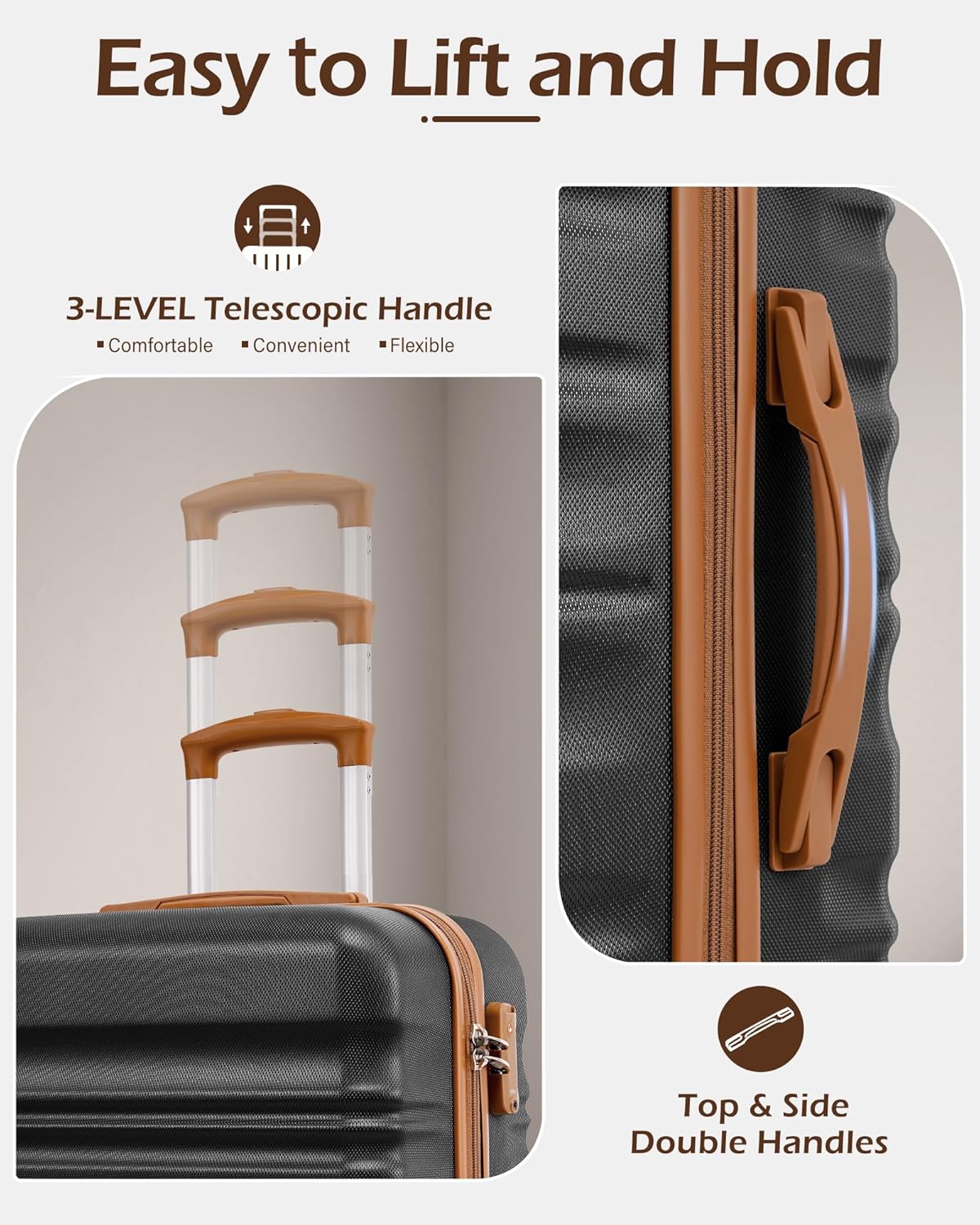 LONG VACATION 6 Piece Luggage Set Carry on Suitcase with ABS+PC hardshell, Spinner Wheels & YKK Zipper TSA Lock (BLACK-BROWN, 6 piece set) - Image 5