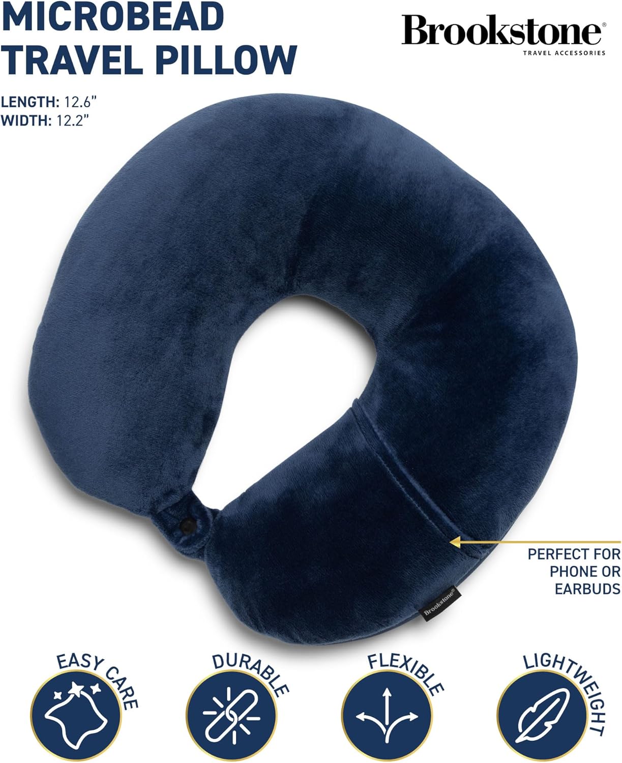 Brookstone Microbead Travel Head and Neck Pillow Lightweight and Plush with Phone or Headphone Pocket, Blue - Image 3