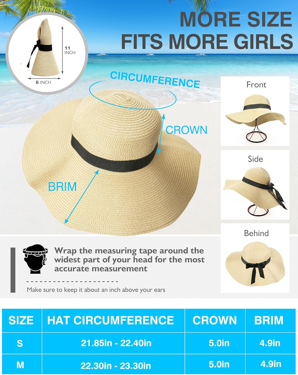 Beach Hats for Women, Foldable Sun Hat Womens UV Protection, Boho Wide Brim Hats for Women, Floppy Straw Visor Hat - Image 7