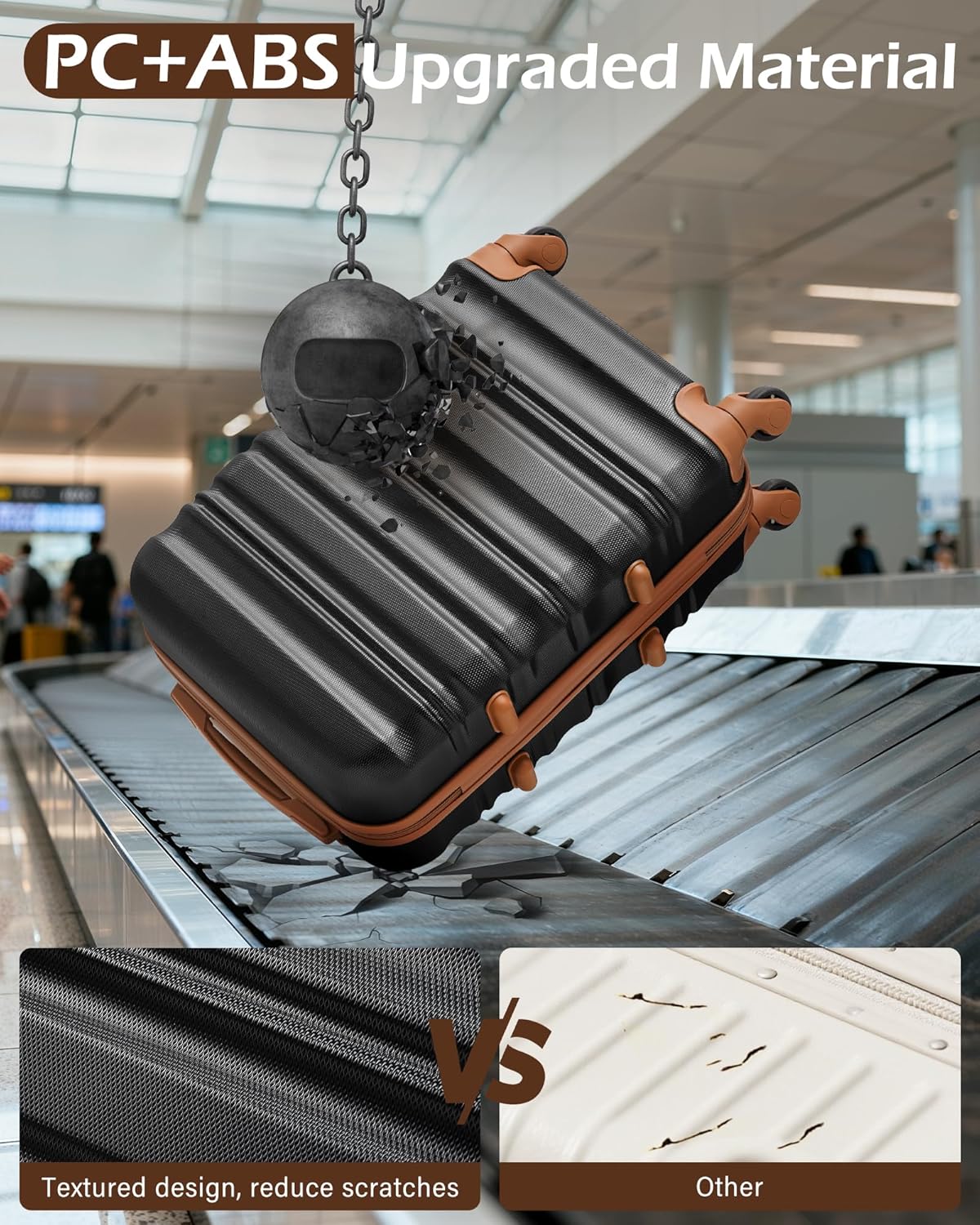LONG VACATION 6 Piece Luggage Set Carry on Suitcase with ABS+PC hardshell, Spinner Wheels & YKK Zipper TSA Lock (BLACK-BROWN, 6 piece set) - Image 3