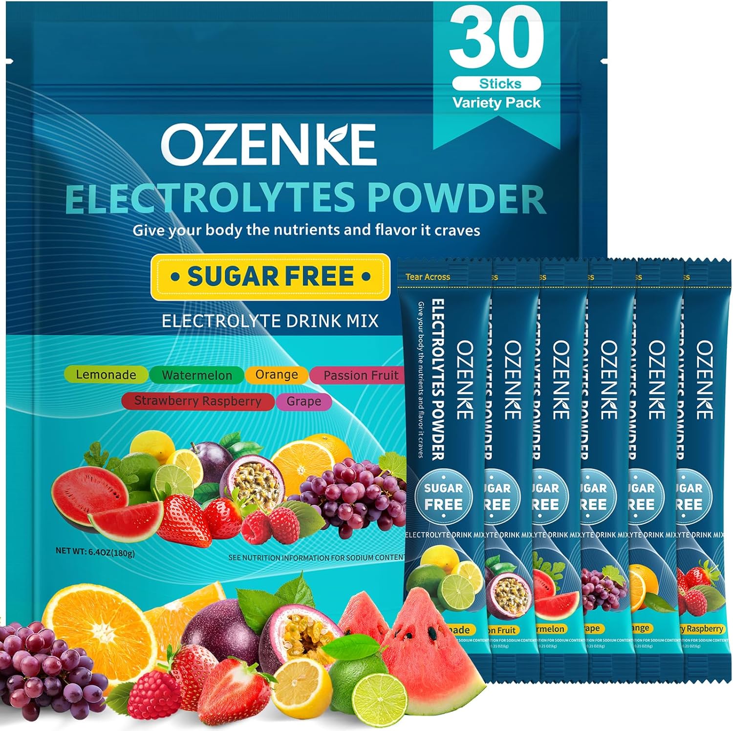 Electrolytes Powder Packets, 30 Sticks Hydration Packets Sugar Free, Electrolyte Drink Mix Travel Electrolyte Packets for Rapid Hydration, 6 Flavors - Image 2