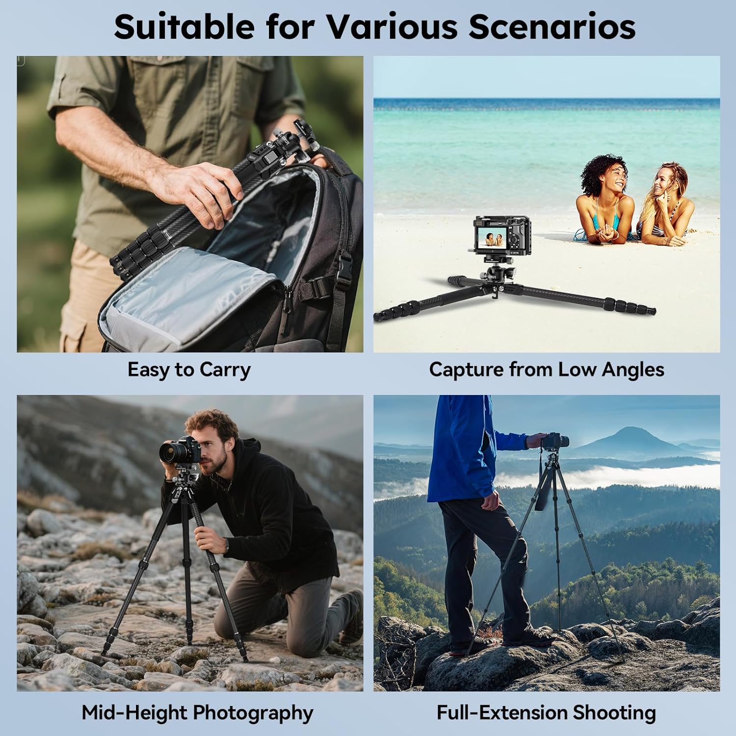 SIRUI Carbon Fiber Travel Tripod, 50" Compact Lightweight Backpack Tripod with Low Profile Ball Head with Quick Release Plate for Arca, 6 Mounting Points for Camera and Phone, AM-225S+G0 - Image 9