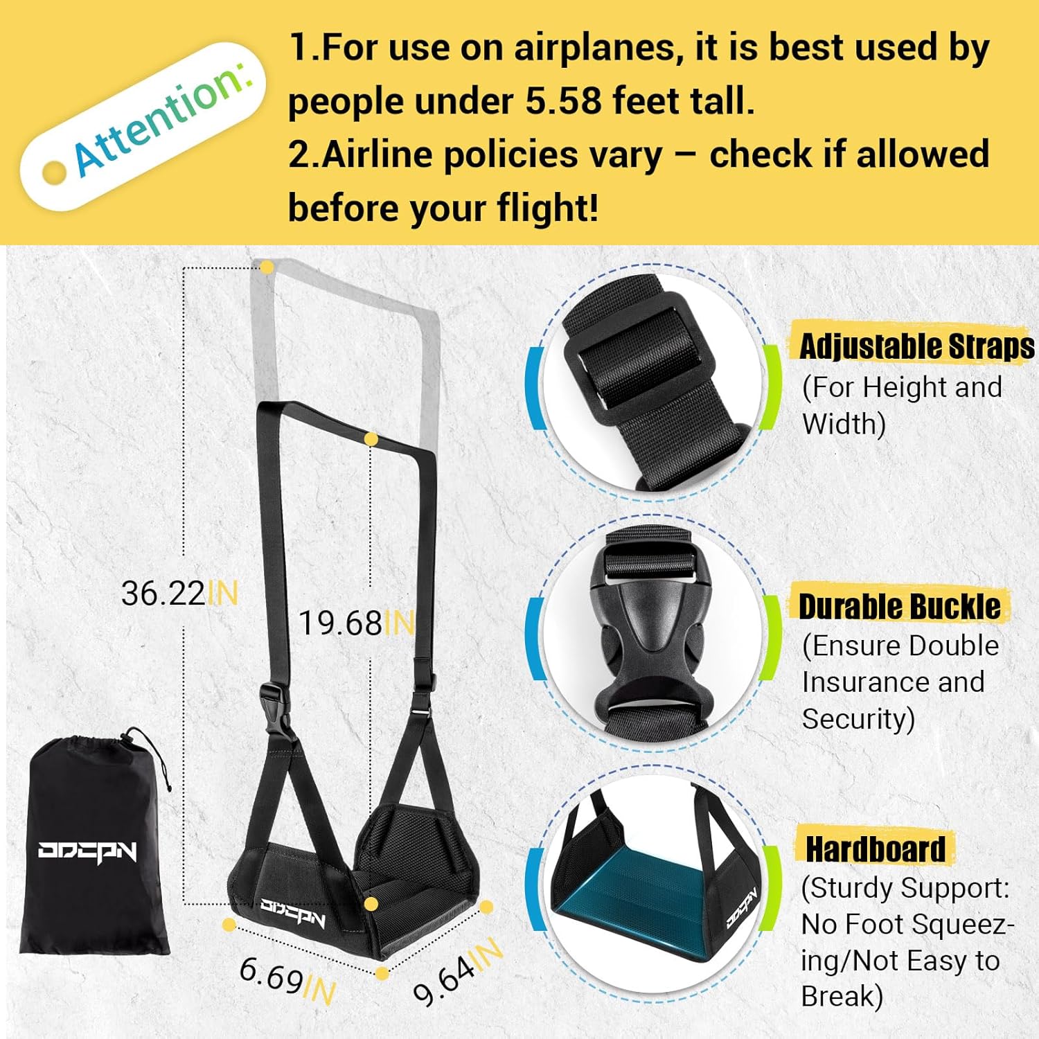 2-Pack Foot Hammock for Plane Travel, No Collapse Thickened Bamboo Airplane Foot Rest with Extended Adjustment Strap, Portable Desk Foot Hammock to Relax Your Feet, Foot Sling Travel Essentials(Black) - Image 3