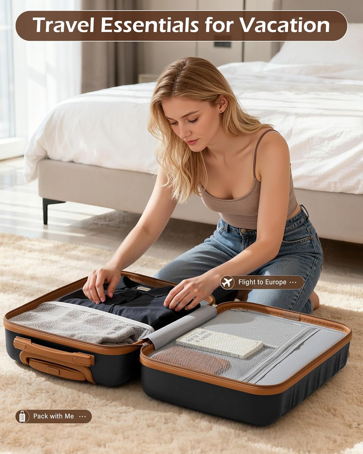 LONG VACATION 6 Piece Luggage Set Carry on Suitcase with ABS+PC hardshell, Spinner Wheels & YKK Zipper TSA Lock (BLACK-BROWN, 6 piece set) - Image 7