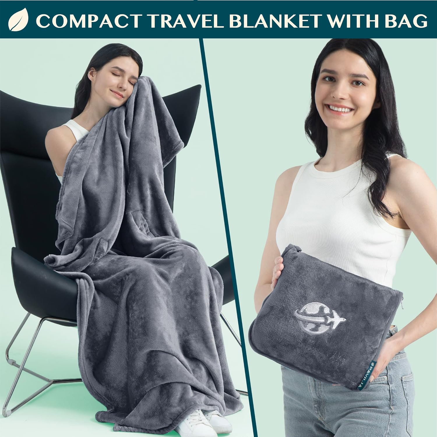 PAVILIA Travel Blanket and Pillow, Arms Opening Airplane Blankets for Adults, Compact Plane Blanket with Arm Hole 2-in-1 Bag for Flight Car Camping Fit in Luggage Backpack Traveler Gift, Dark Gray - Image 4