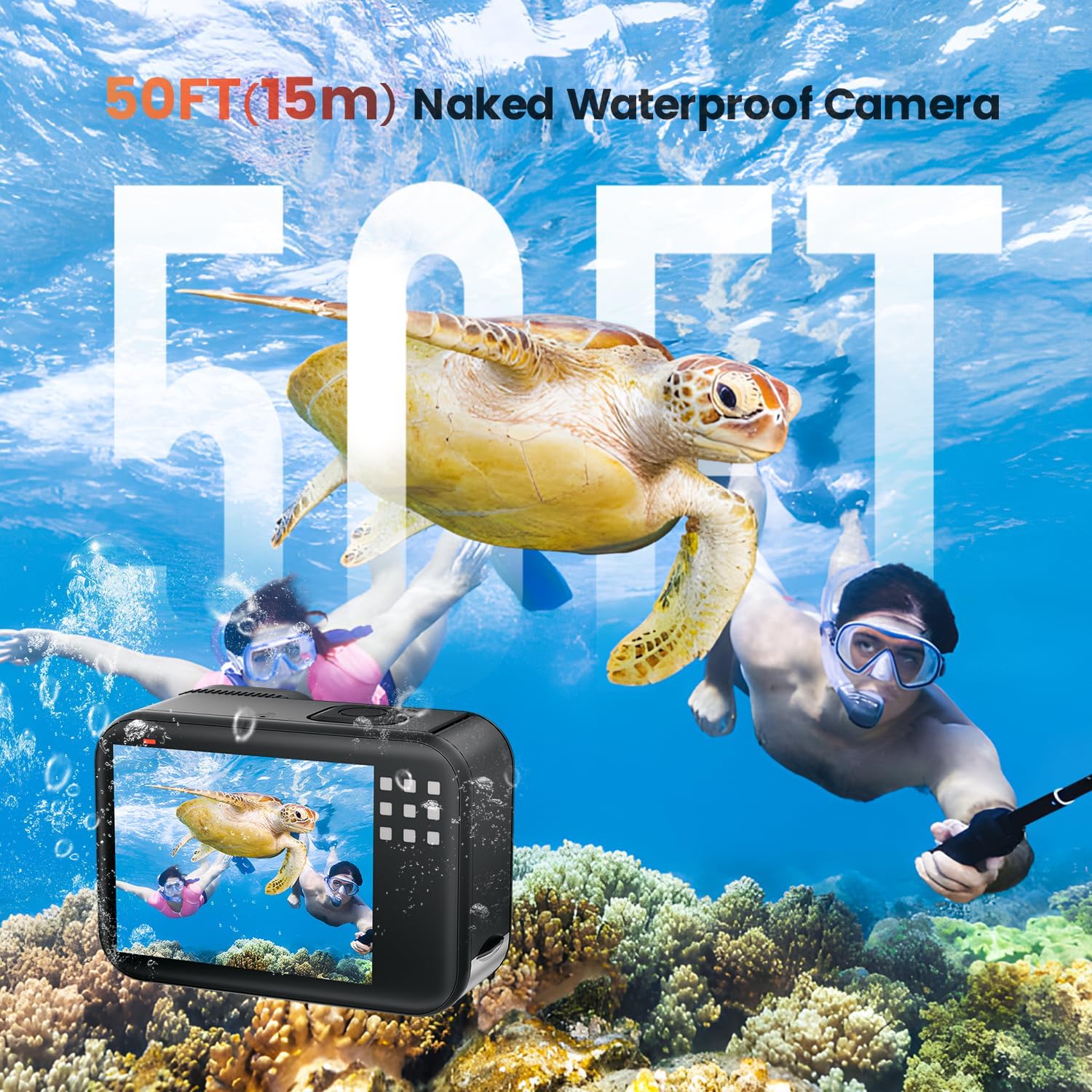 4K 60FPS 48MP WiFi Action Camera with Touch Screen, 50FT Underwater Waterproof Camera, No Case Needed, EIS Motorcycle Camera, 8X Zoom, 64GB Card, Remote Control, Batteries & Mounting Kits - Image 3