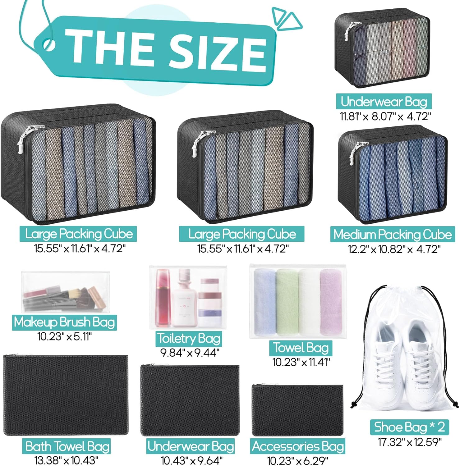 ALL INCLUDED - 12 Set Packing Cubes for Suitcases Carry On, Travel Essentials/Accessories Luggage Organizer Bags Set, Includes Cubes, Shoes Bag, Matte Cosmetic Bag, Zipper Bags - Image 8