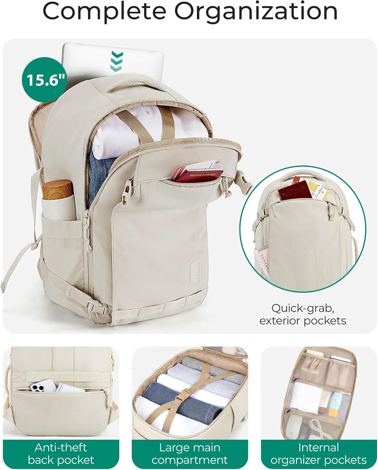 BAGSMART Blast Travel Backpack, 15.6 Inch Carry On Backpack Flight Approved, TSA Approved Personal Item Travel Bag, Water Resistant Weekender Bag Luggage Daypack, Beige - Image 4