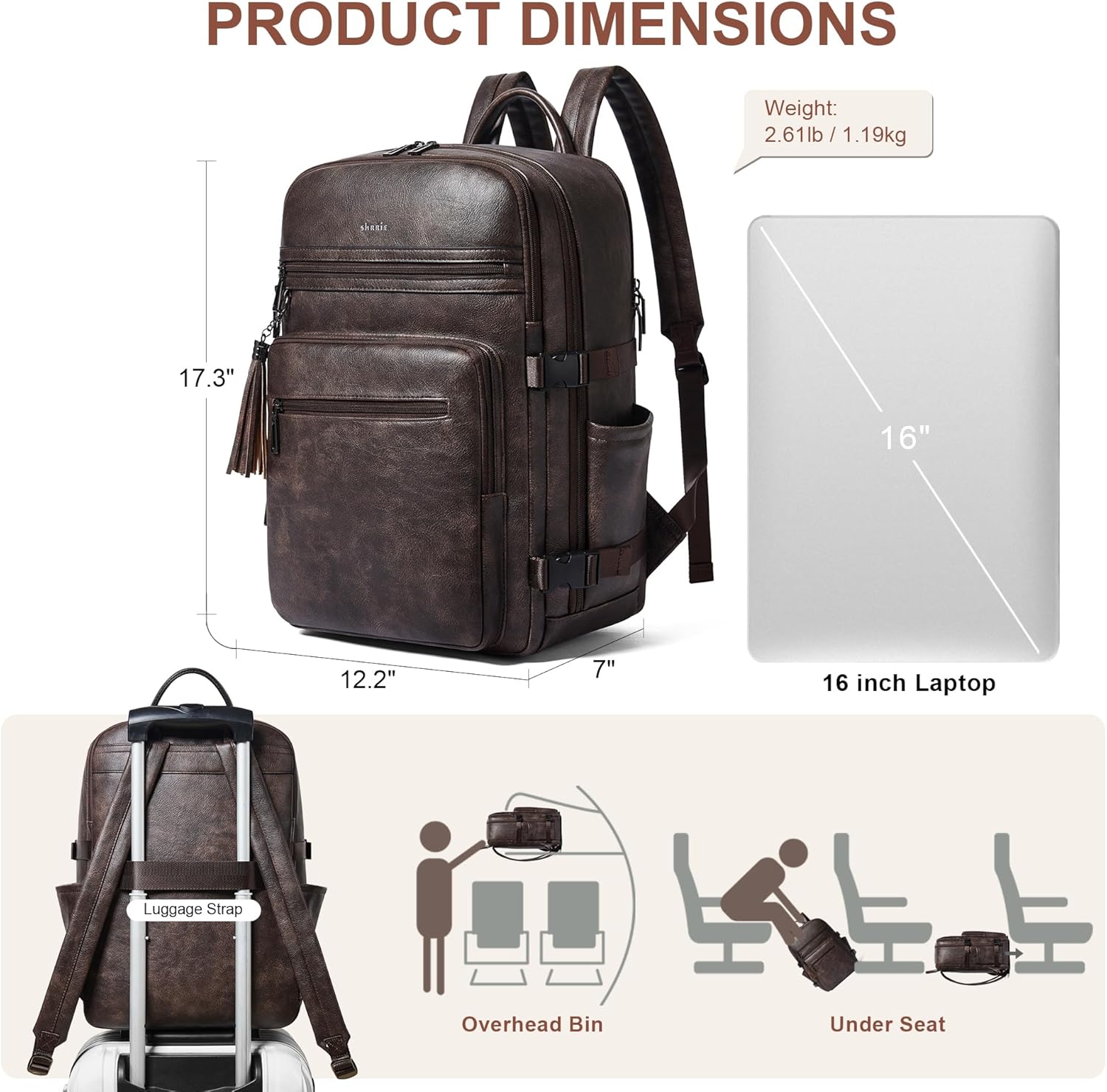 Shrrie Laptop Backpack for Women,Vegan Leather Backpack Work Computer Backpacks fits 16" Laptop,Water Resistant Teacher Nurse Casual Daypack for Weekender Camping Travel,Two-toned Coffee - Image 6