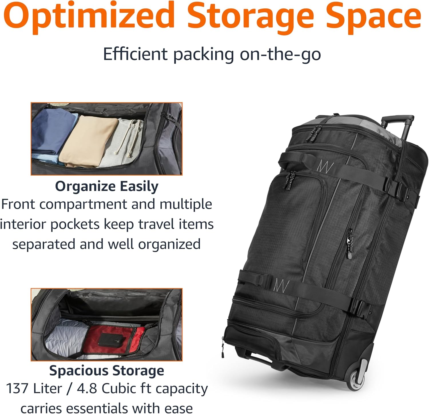 Amazon Basics 35-inch Large Rolling Duffle Bag with Wheels and Handle, Travel Duffle Bag with Durable Ripstop Polyester Material, 2 Layers of Space, Multiple Interior and Exterior Pockets, Black - Image 4