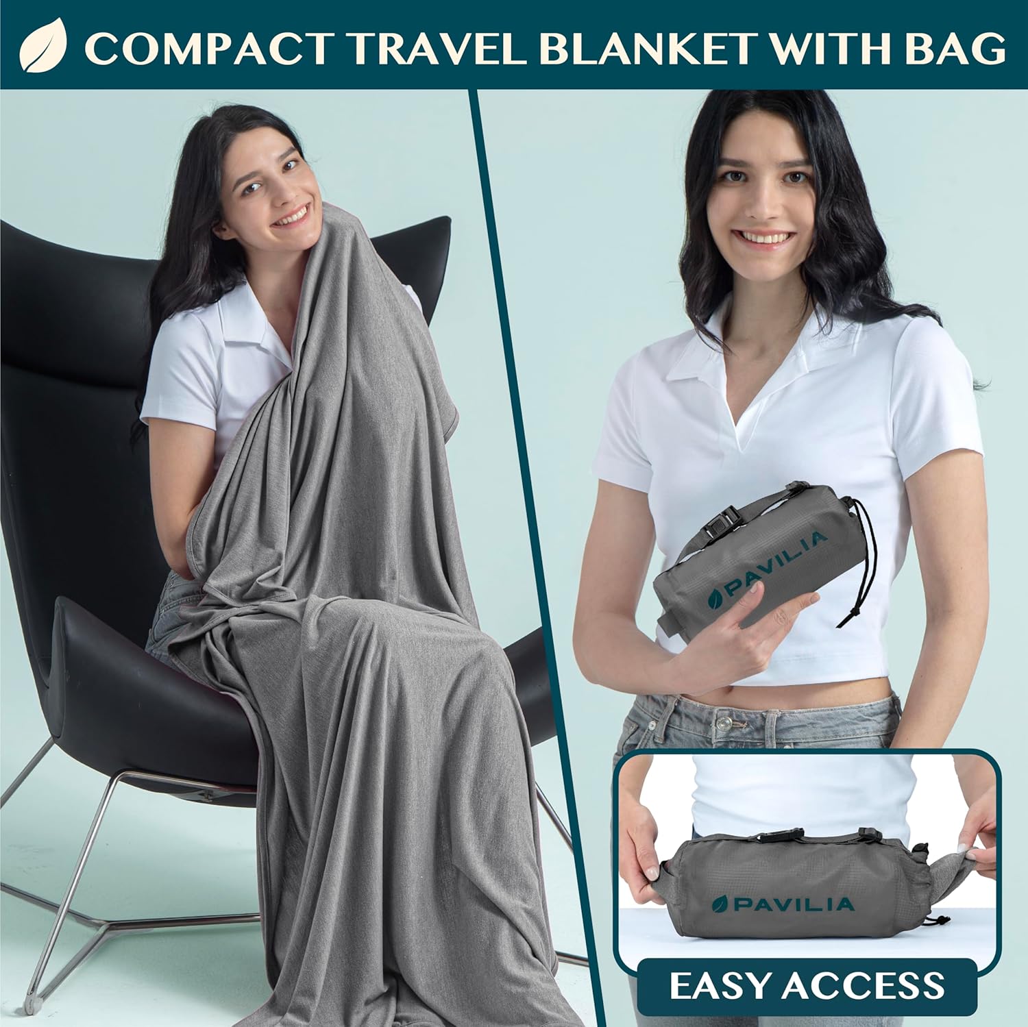 PAVILIA Travel Blanket Airplane Compact with Bag, Soft Packable Plane Blanket Kids Adults, Portable Camping Flight Essentials, Travelers Gifts Accessories, Luggage Backpack Strap, 65x40 Gray - Image 3
