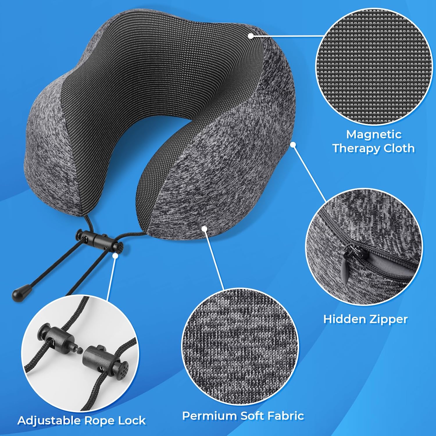 Travel Pillow, Travel Pillows for Sleeping Airplane, Removable Cover Neck Pillow with Adjustable Clasp, Memory Foam Neck Pillow Set with Eye Mask, Earplugs and Storage Bag (Dark Grey) - Image 3