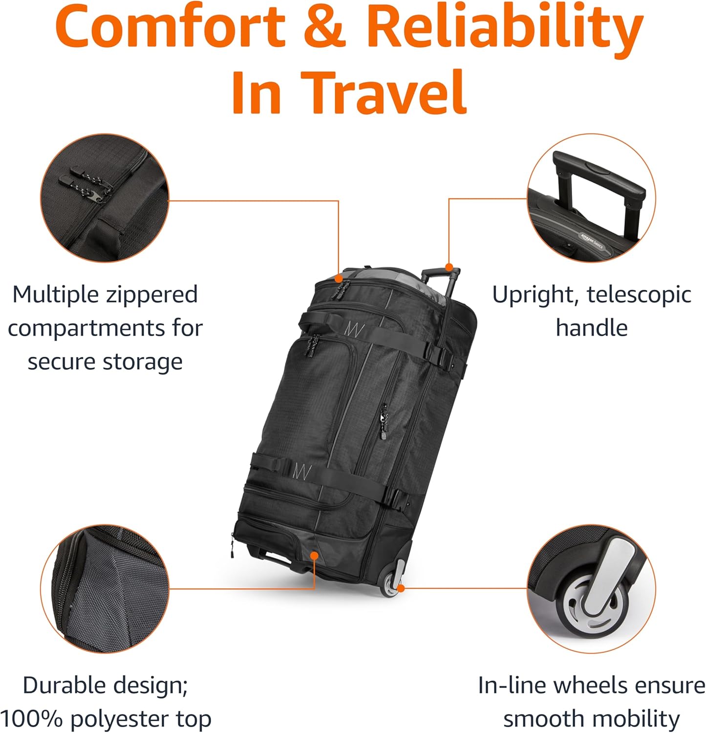 Amazon Basics 35-inch Large Rolling Duffle Bag with Wheels and Handle, Travel Duffle Bag with Durable Ripstop Polyester Material, 2 Layers of Space, Multiple Interior and Exterior Pockets, Black - Image 3