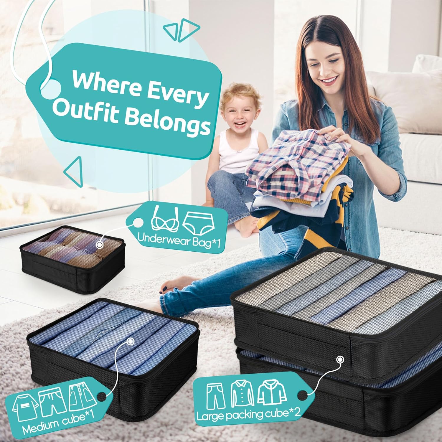 ALL INCLUDED - 12 Set Packing Cubes for Suitcases Carry On, Travel Essentials/Accessories Luggage Organizer Bags Set, Includes Cubes, Shoes Bag, Matte Cosmetic Bag, Zipper Bags - Image 3