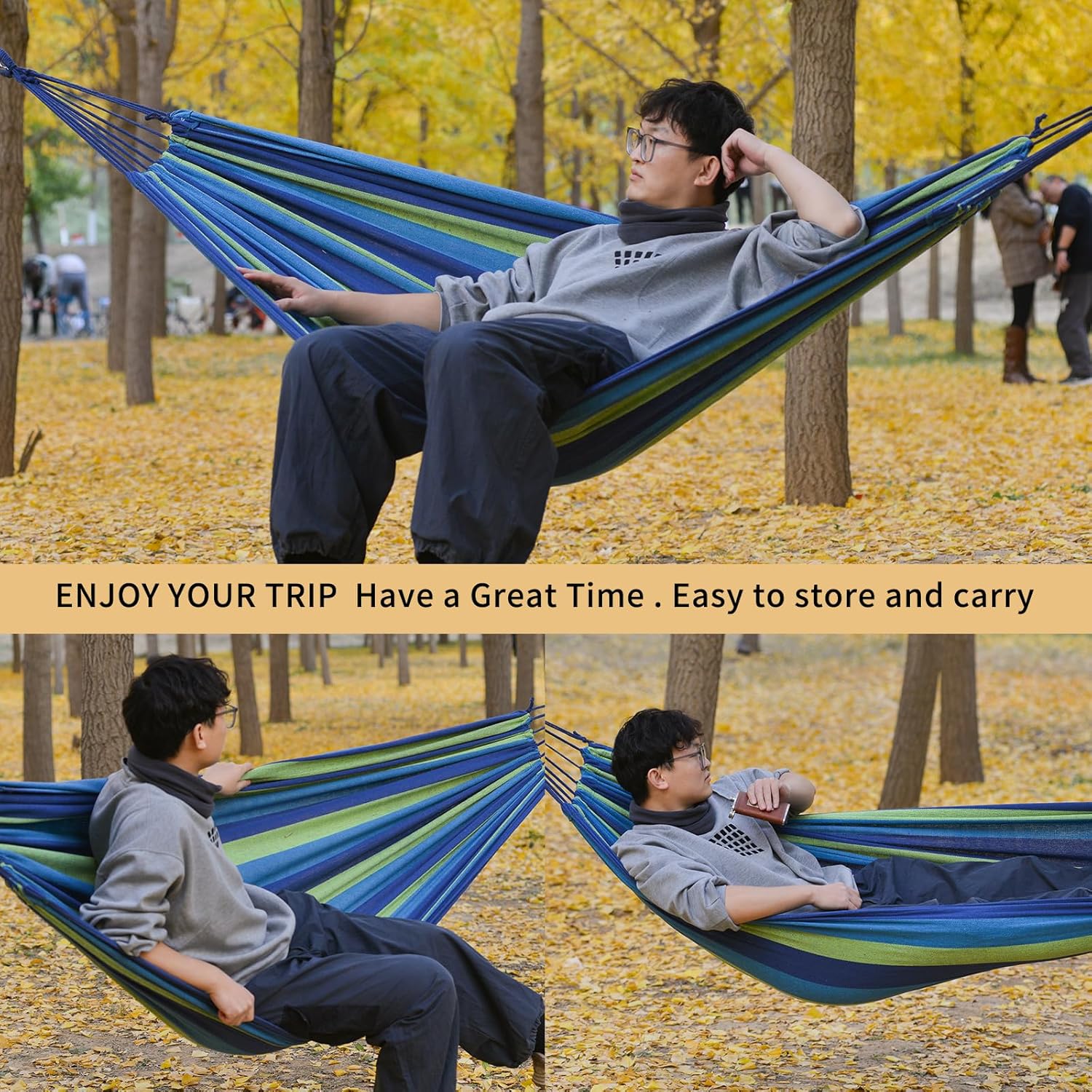 Camping Hammock Comfortable Fabric Hammocks with Tree Straps for Travel Patio Garden, Hanging Sturdy Indoor/Outdoor Hammock Up to 660lbs Portable Hammocks with Travel Bag - Image 3