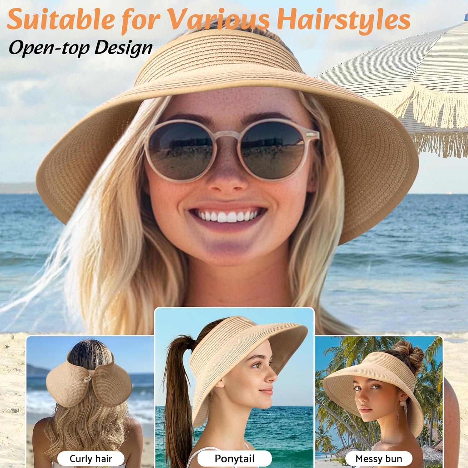 NPQQUAN Sun Visor Hats for Women Wide Brim Ponytail Straw Beach Hat Packable Foldable UPF 50+ Floppy Travel Hats - Image 4