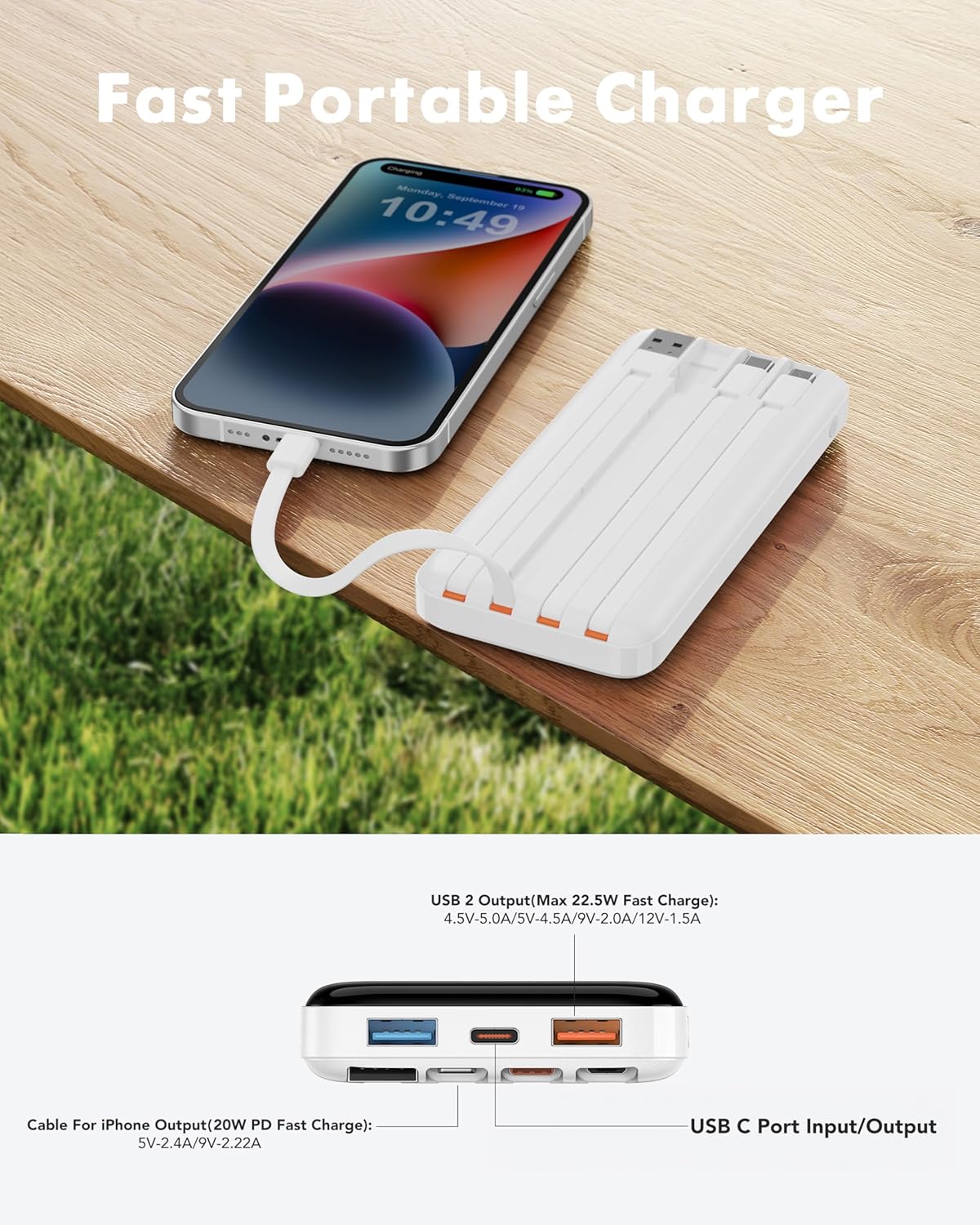 charmast 20000mAh Portable Charger with Built in Cables, 22.5W Travel Power Bank Fast Charging, USB C Cell Phone Battery Pack for iPhone 16/15/14/13/12/11 Series, iPad, Samsung, Android, Tablet - Image 9