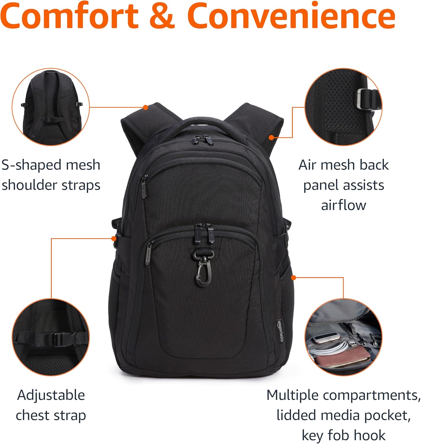 Amazon Basics Travel Laptop Backpack for 15.6 inch Laptop, Black - Image 3
