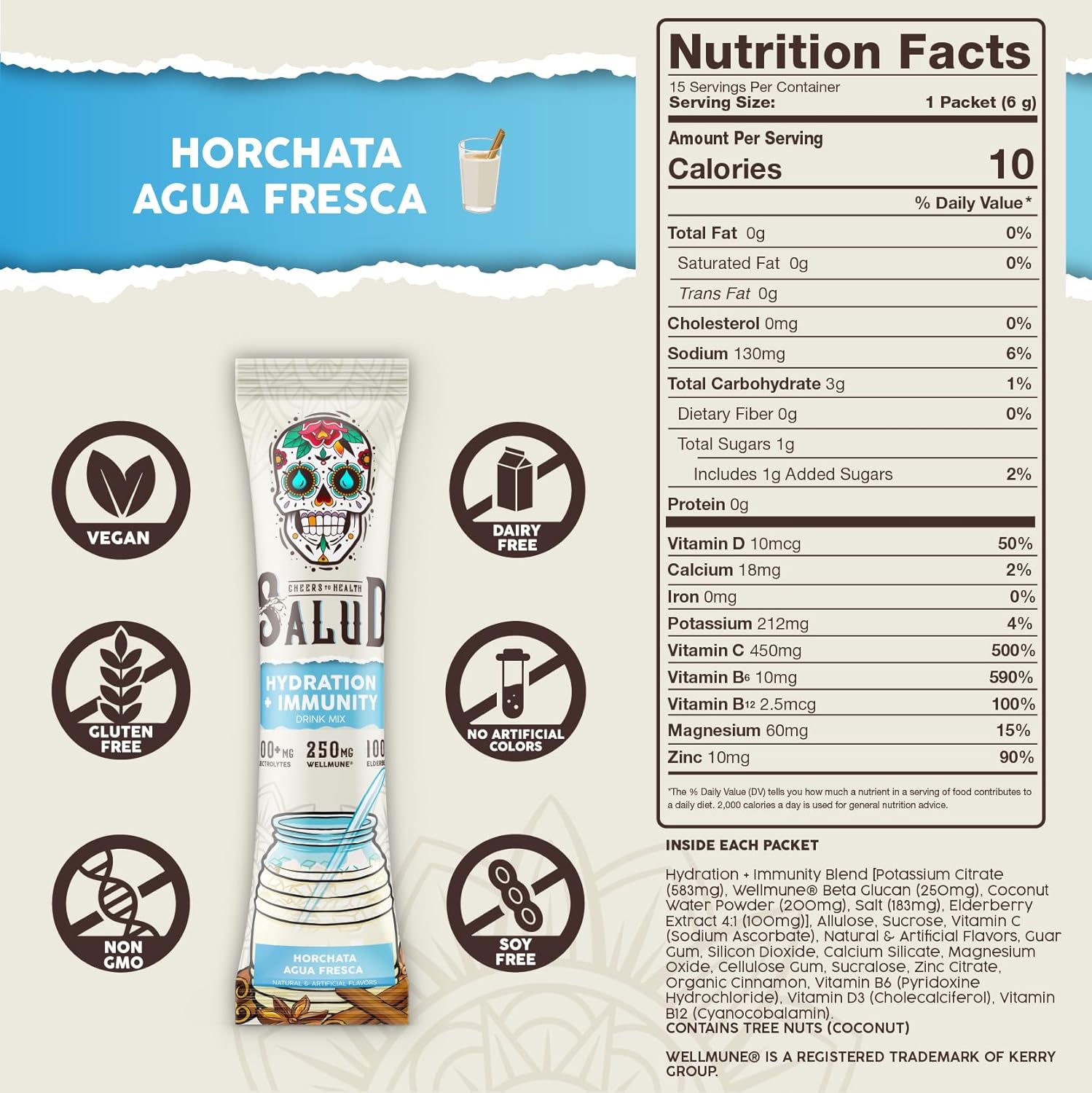 Salud 2-in-1 Hydration Packets + Immunity Electrolytes Powder, Horchata - Agua Fresca Drink Mix, Elderberry, Dairy & Soy Free, Non-GMO, Gluten Free, Vegan, Low Calorie, 1g Sugar (15 Servings) - Image 4