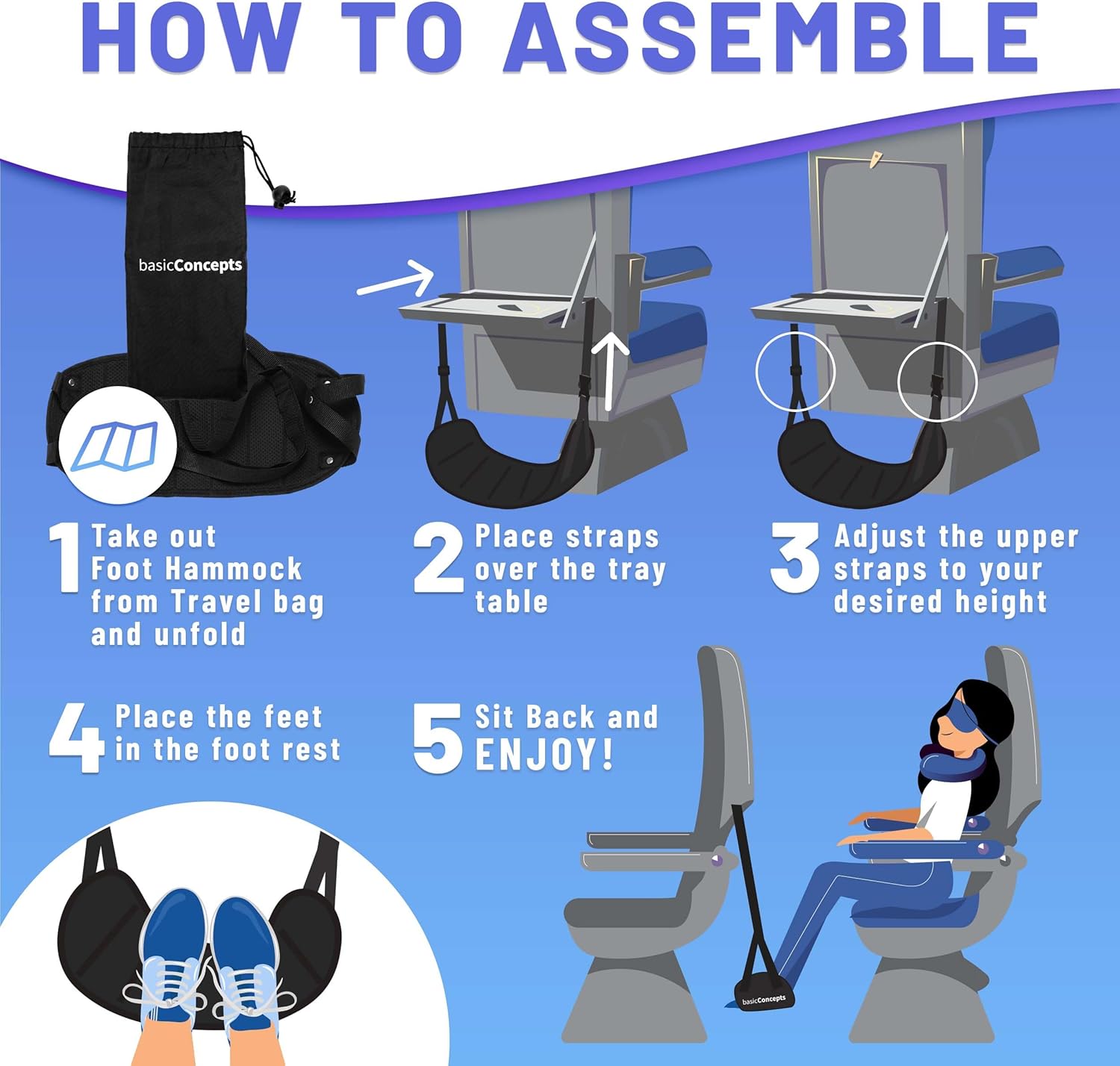 BASIC CONCEPTS Airplane Foot Hammock for Plane Travel Essentials - Airplane Travel Essentials, Long Flight Foot Rest - Plane Gadgets - Image 6