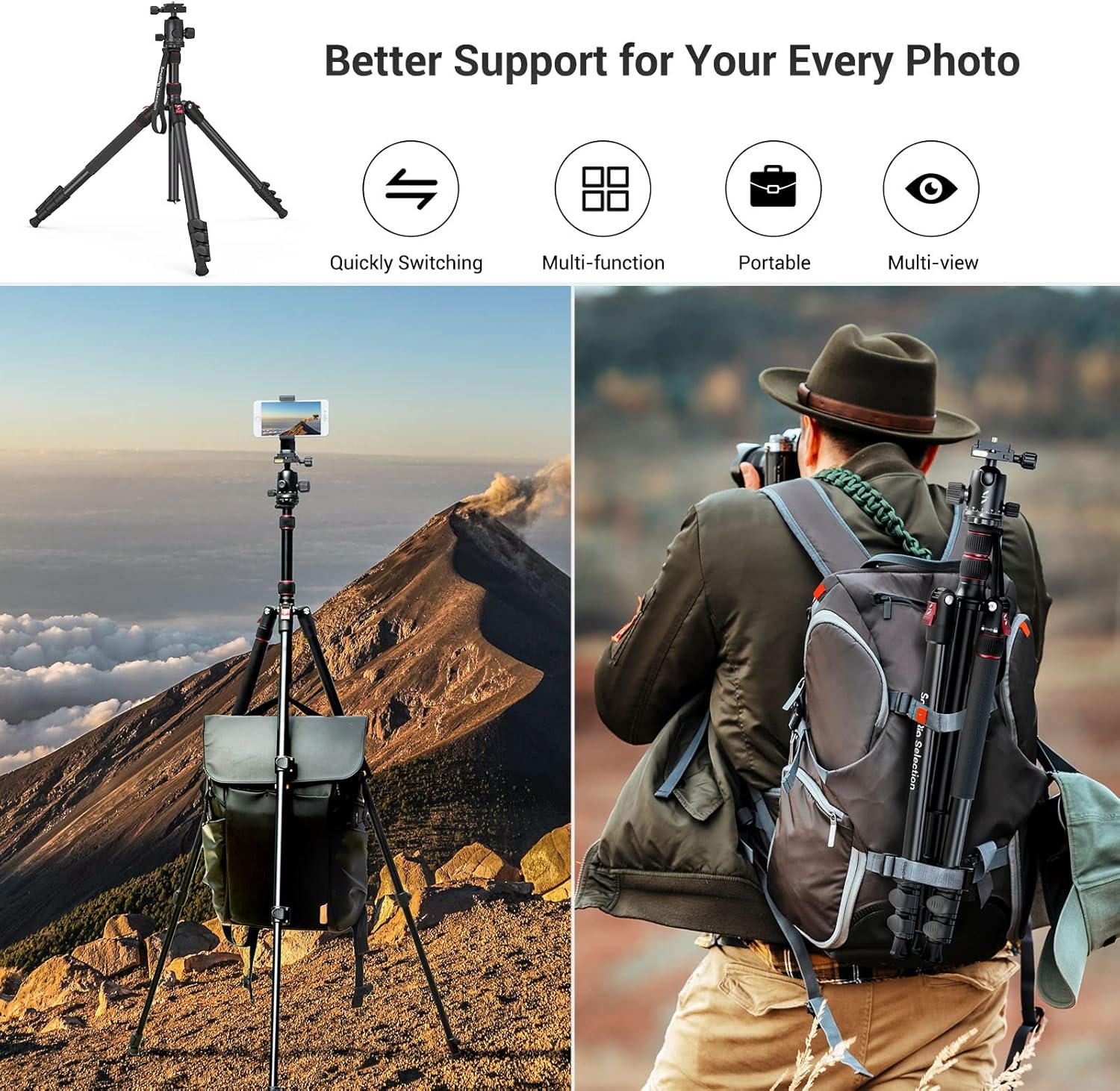 SmallRig Camera Tripod, 71" Foldable Aluminum Tripod/Monopod, 360°Ball Head Detachable, Payload 33lb, Adjustable Height from 16" to 71" for Camera, Phone - Image 8