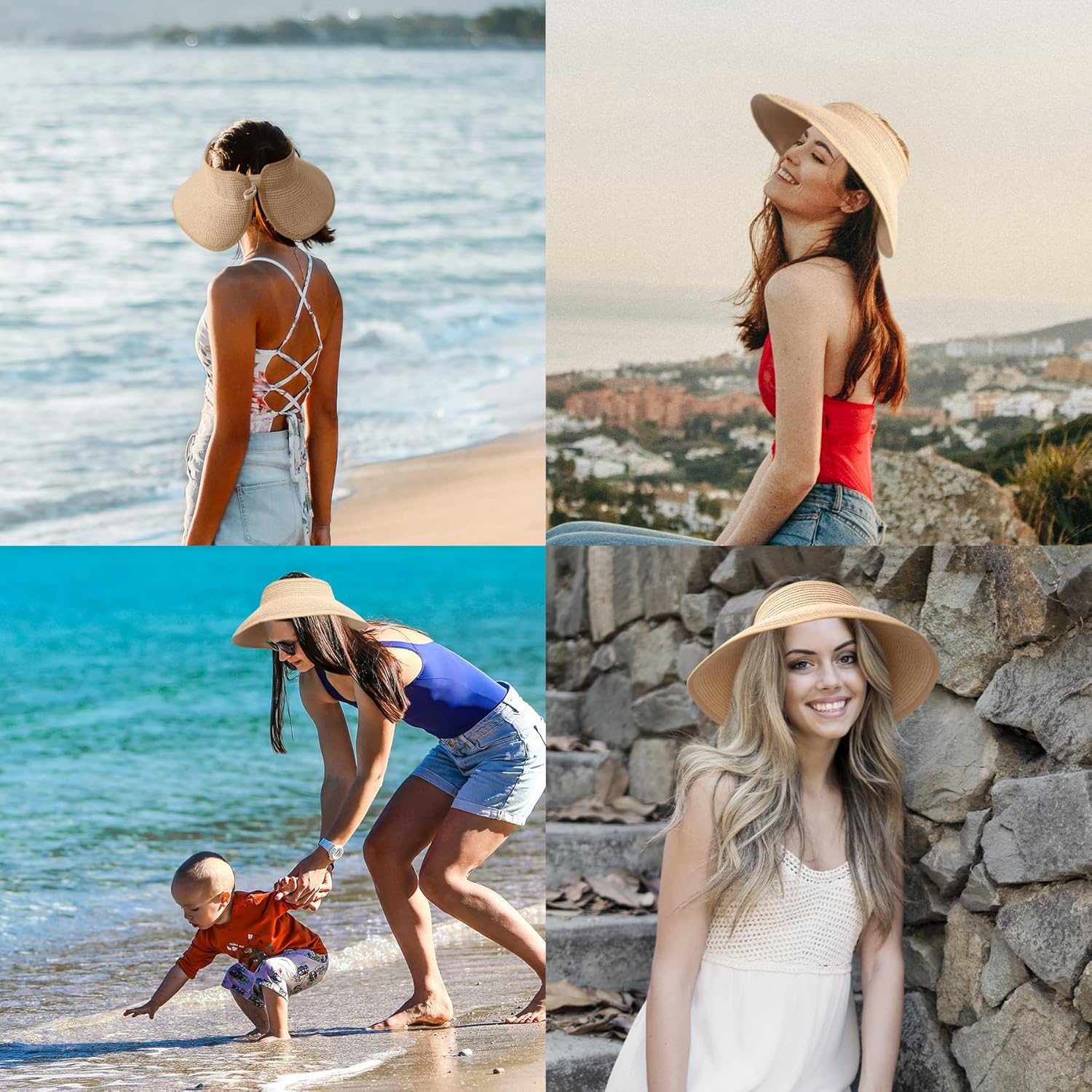 NPQQUAN Sun Visor Hats for Women Wide Brim Ponytail Straw Beach Hat Packable Foldable UPF 50+ Floppy Travel Hats - Image 8