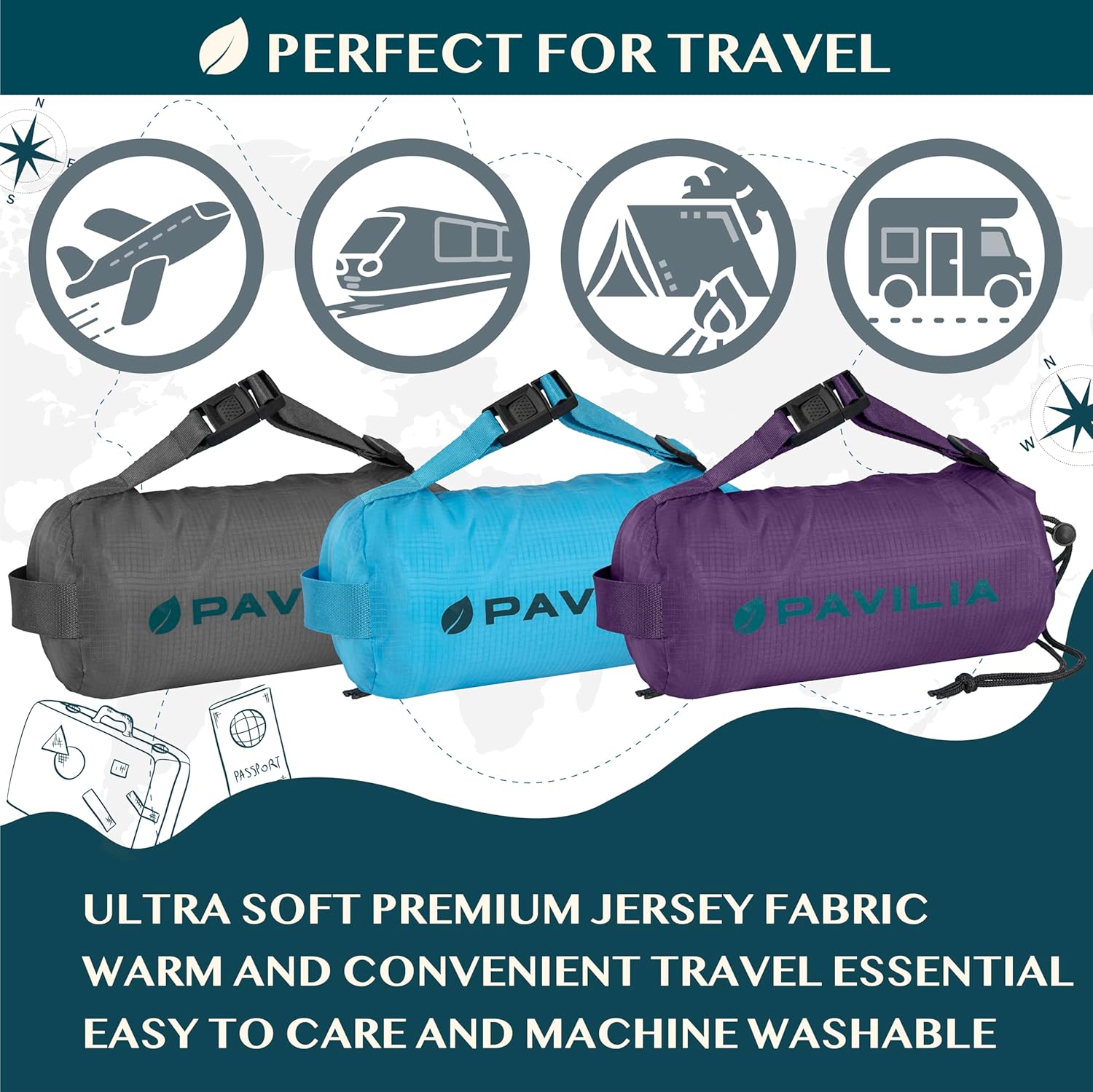 PAVILIA Travel Blanket Airplane Compact with Bag, Soft Packable Plane Blanket Kids Adults, Portable Camping Flight Essentials, Travelers Gifts Accessories, Luggage Backpack Strap, 65x40 Gray - Image 8