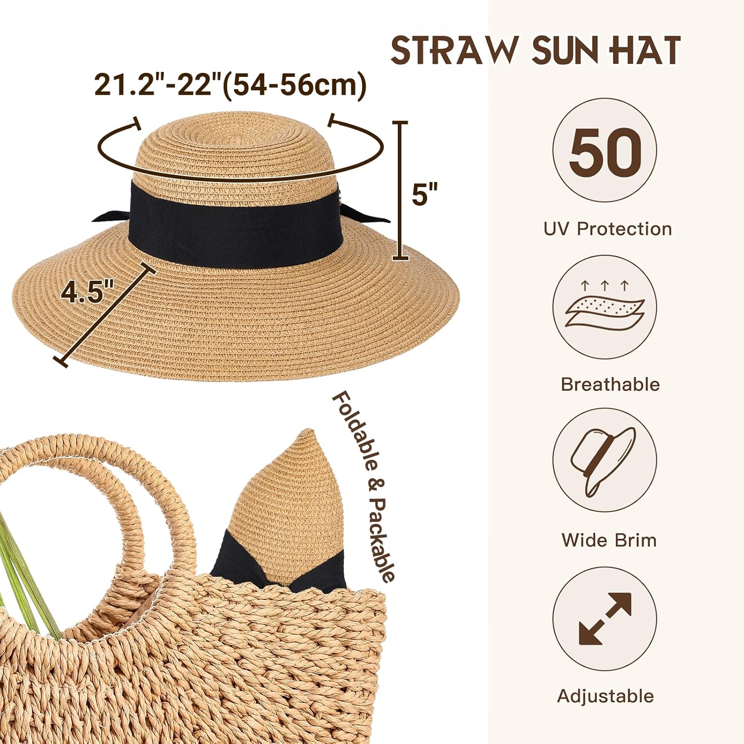 Beach Hat for Women, Wide Brim Sun Straw Hats for Women, Sun Hat Womens UPF 50+ UV Protection, Floppy Foldable Summer Hats - Image 4