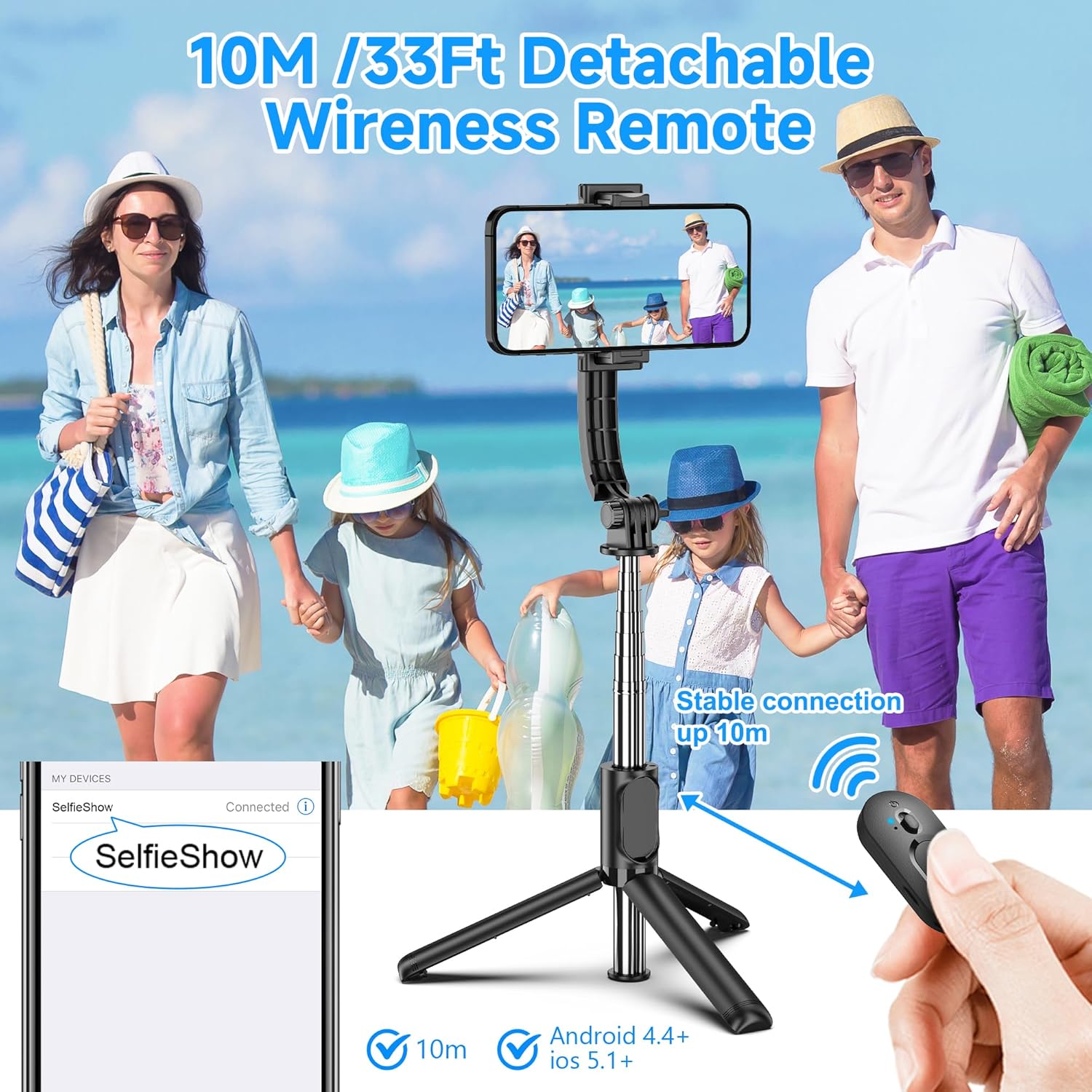 SelfieShow Selfie Stick, Extendable Selfie Stick Tripod with Wireless Remote and Tripod Stand, Portable, Lightweight, Compatible with iPhone 15 14 13 12 Pro Xs Max X 8Plus, Samsung Smartphone and More - Image 4