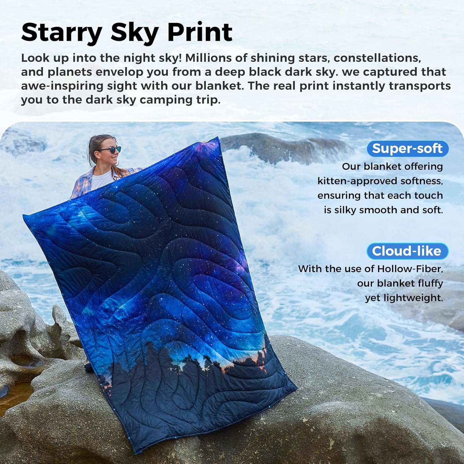 KingCamp Ultralight Camping Blanket, Packable Down Alternative Puffy Printed Wearable Blanket with Snap Buttons & Corner Loops Weatherproof Quilt for Outdoor Travel Stadium (79"L x 57"W, STARRYSKY) - Image 4