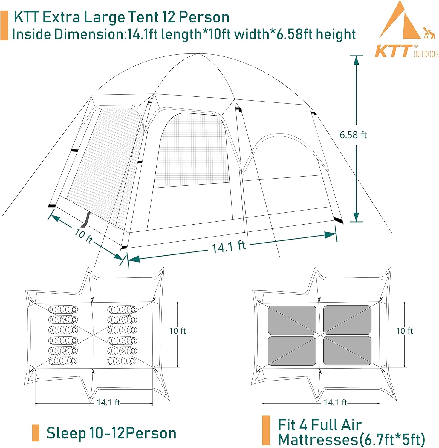 KTT Extra Large Tent 6-10-12-14 Person(A),Family Cabin Tents,2 Rooms,3 Doors and 3 Windows with Mesh,Straight Wall,Waterproof,Double Layer,Big Tent for Outdoor,Picnic,Camping,Family Gathering - Image 8