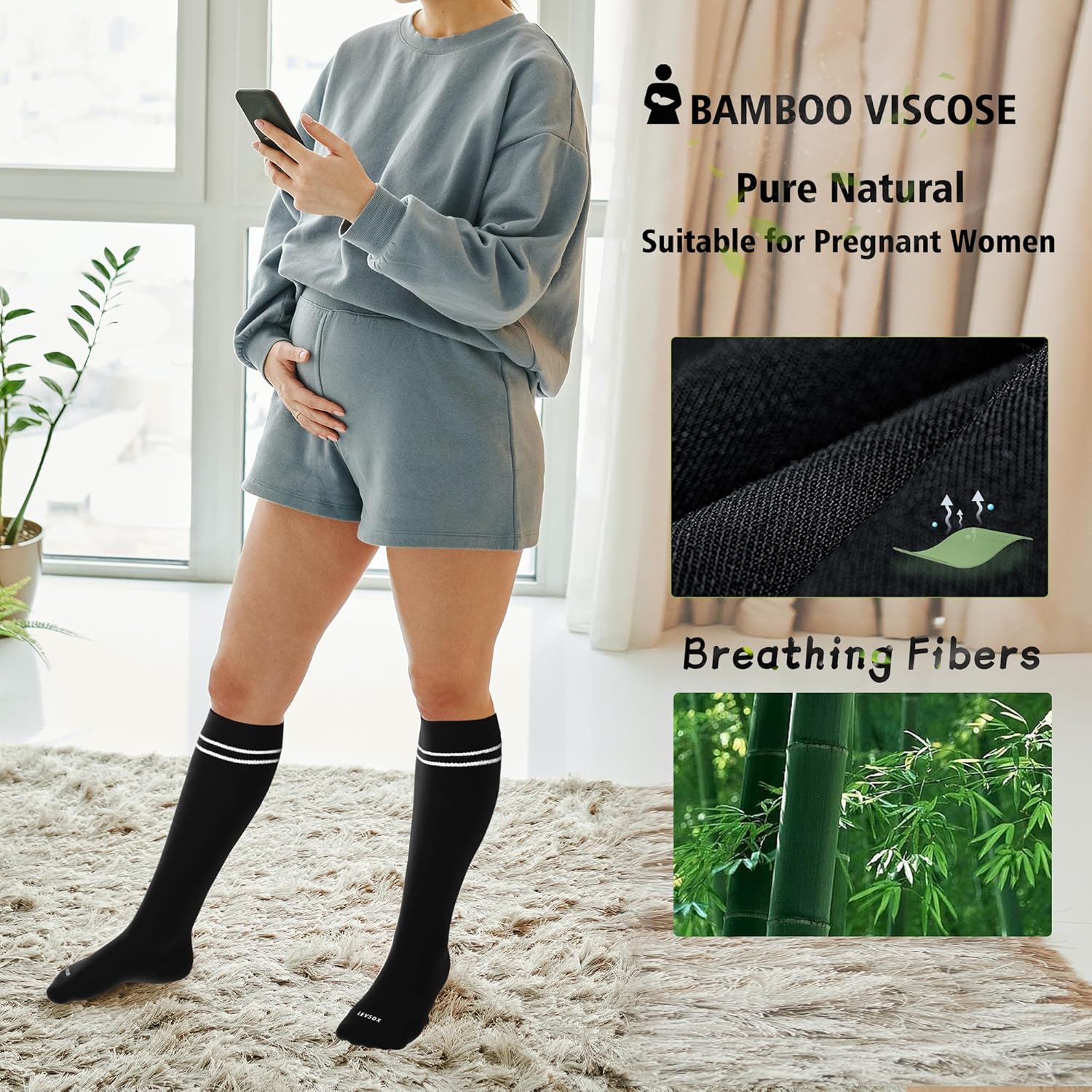 LEVSOX Viscose Made from Bamboo Compression Socks for Pregnant Women 20-30 mmHg Knee High Cute Mens Supports Socks for Travel - Image 3