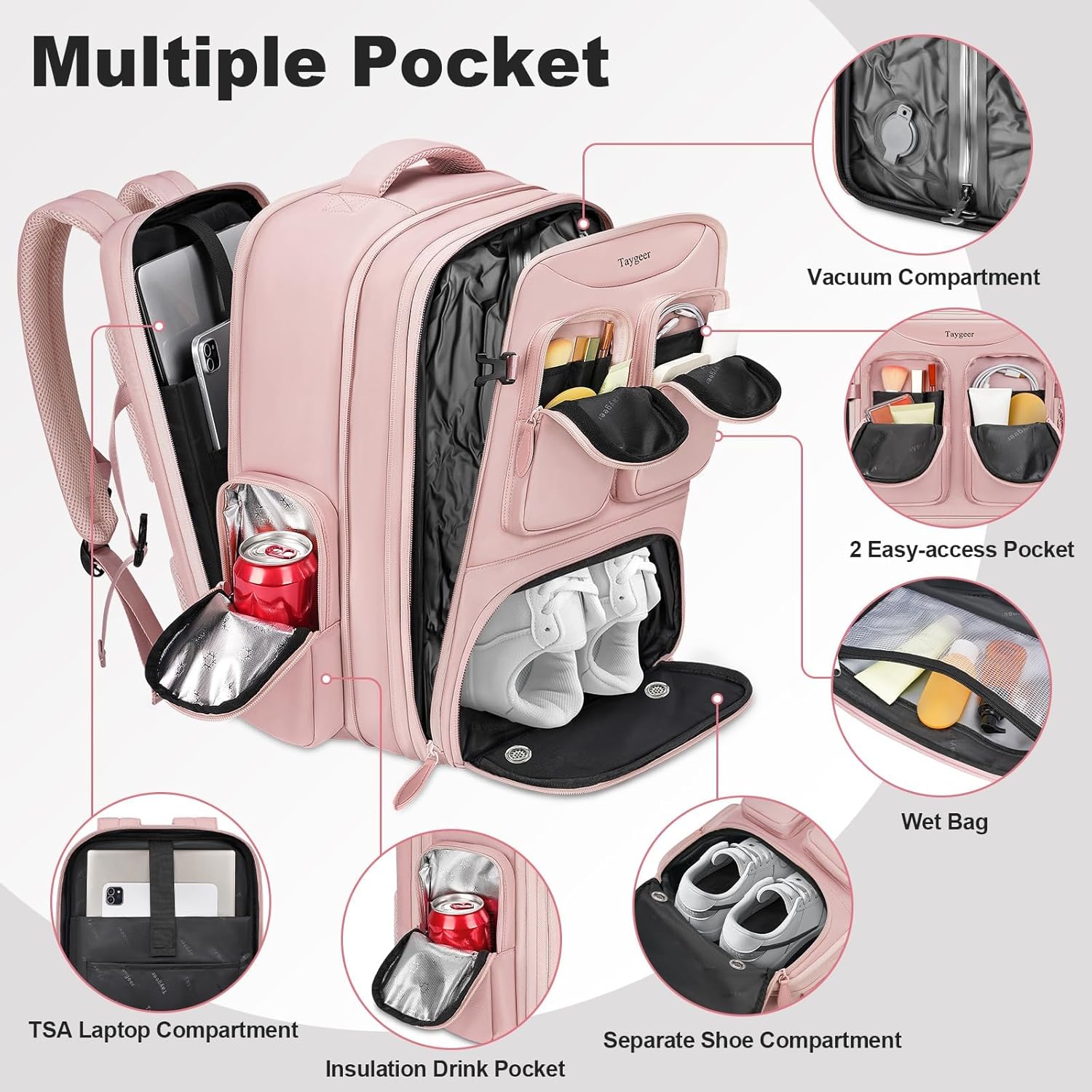 Taygeer Vacuum Backpack, Expandable Vacuum Seal Carry on Backpack with Rain Cover, 17'' laptop Compression Backpacks Travel with Shoe Compartment, TSA Approved Personal Item Compression Back Pack,Pink - Image 5