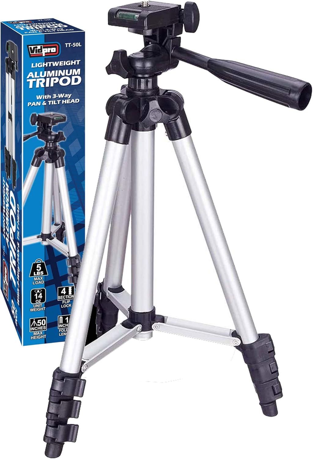 Vidpro TT-50L 50 Inch Lightweight Aluminum Tripod with 3 Way Pan & Tilt Head - Image 2